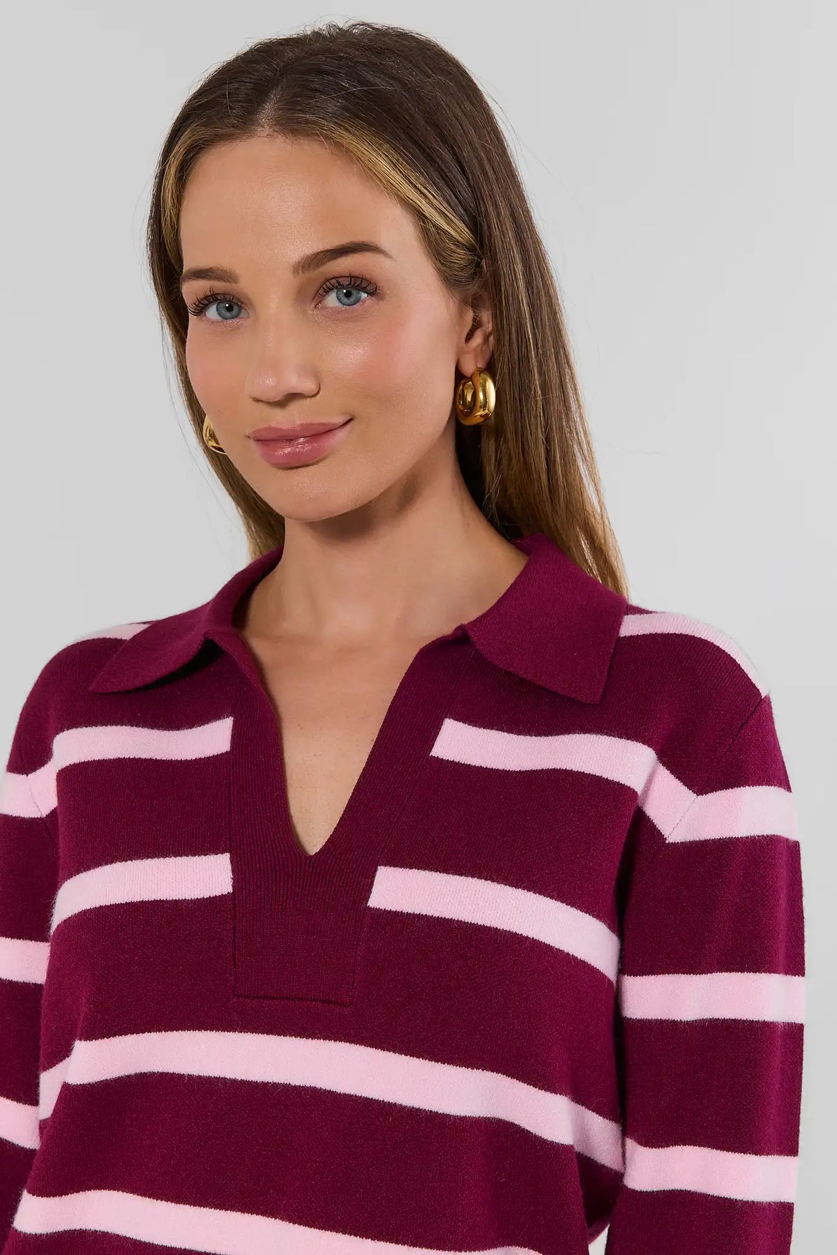 Burgundy Striped Collared Sweater V-Neck Collar Close-Up Detail | Avara
