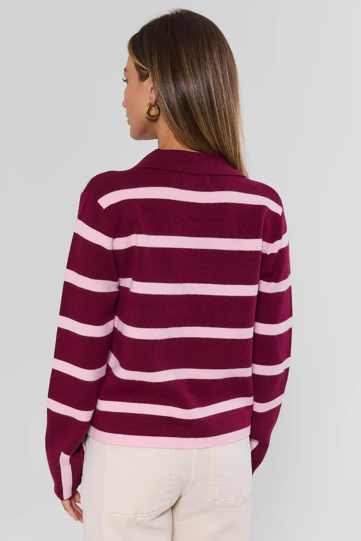 Burgundy Pink Striped Women's Sweater - Back View On Model | Avara