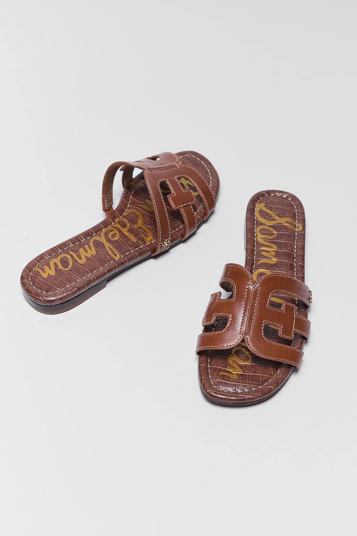 two brown camel bay slide sandals by sam edleman