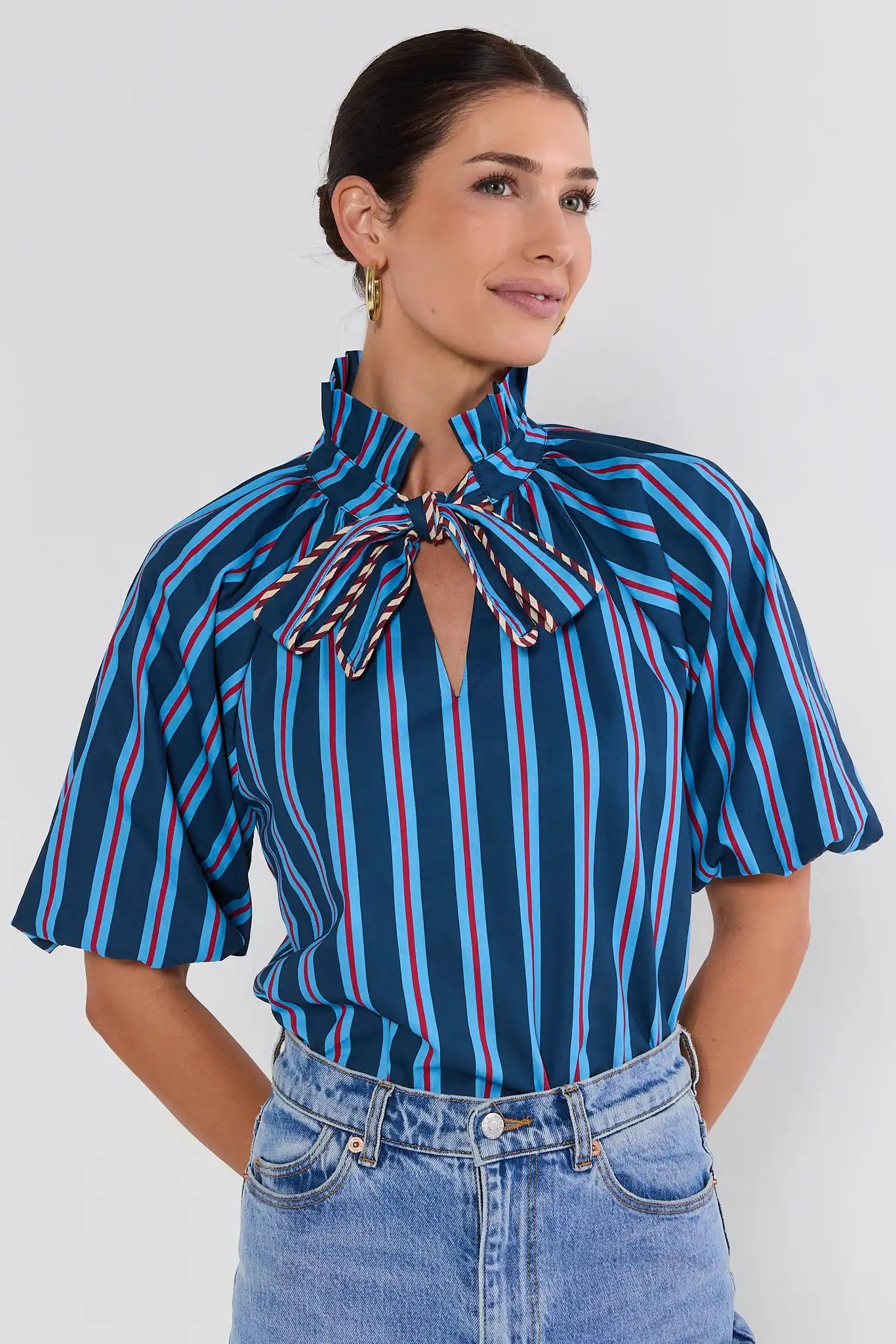 Blue Striped Tie Neck Top by THML