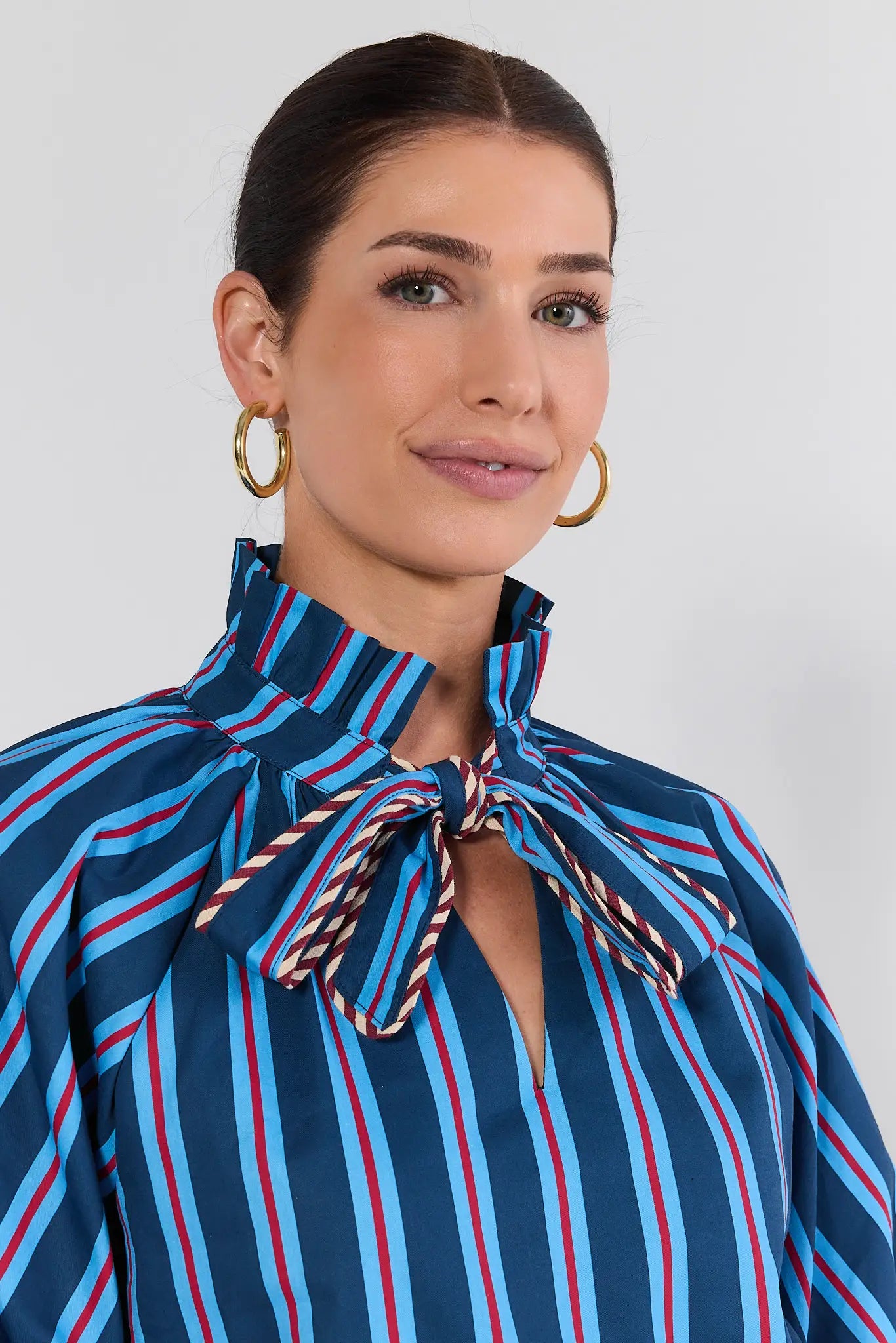 Blue Striped Tie Neck Top by THML