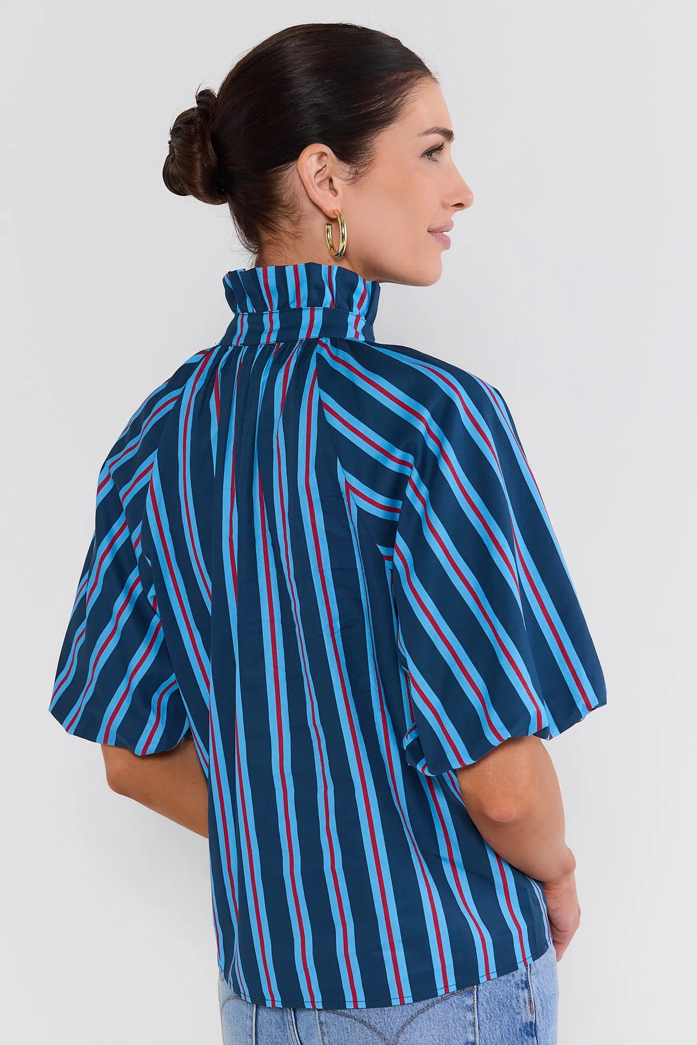 Blue Striped Tie Neck Top by THML