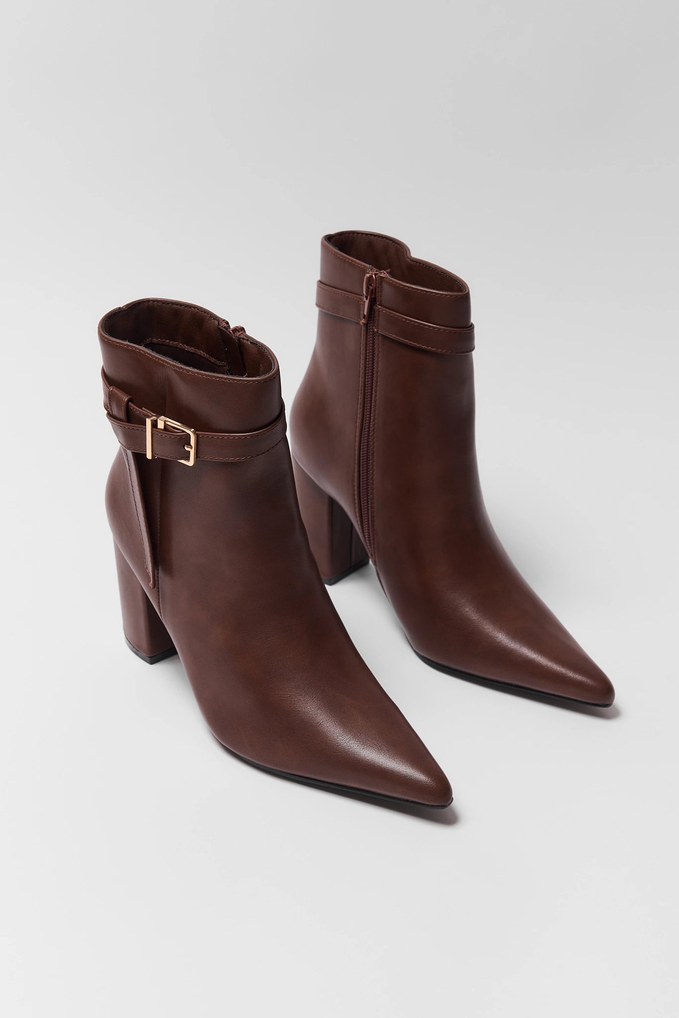 Brown Pointed Toe Buckle Ankle Boots