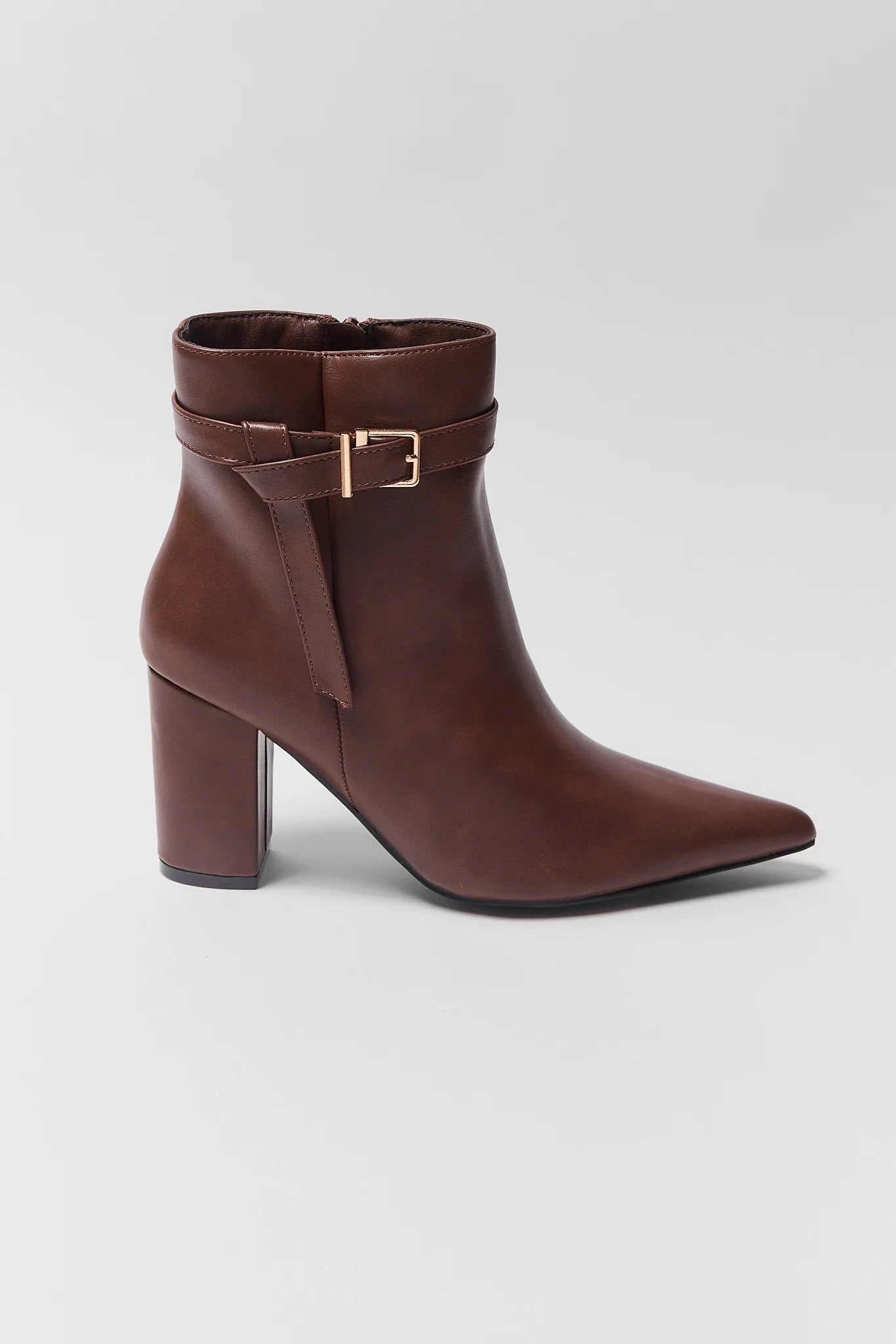 Brown Pointed Toe Buckle Ankle Boots