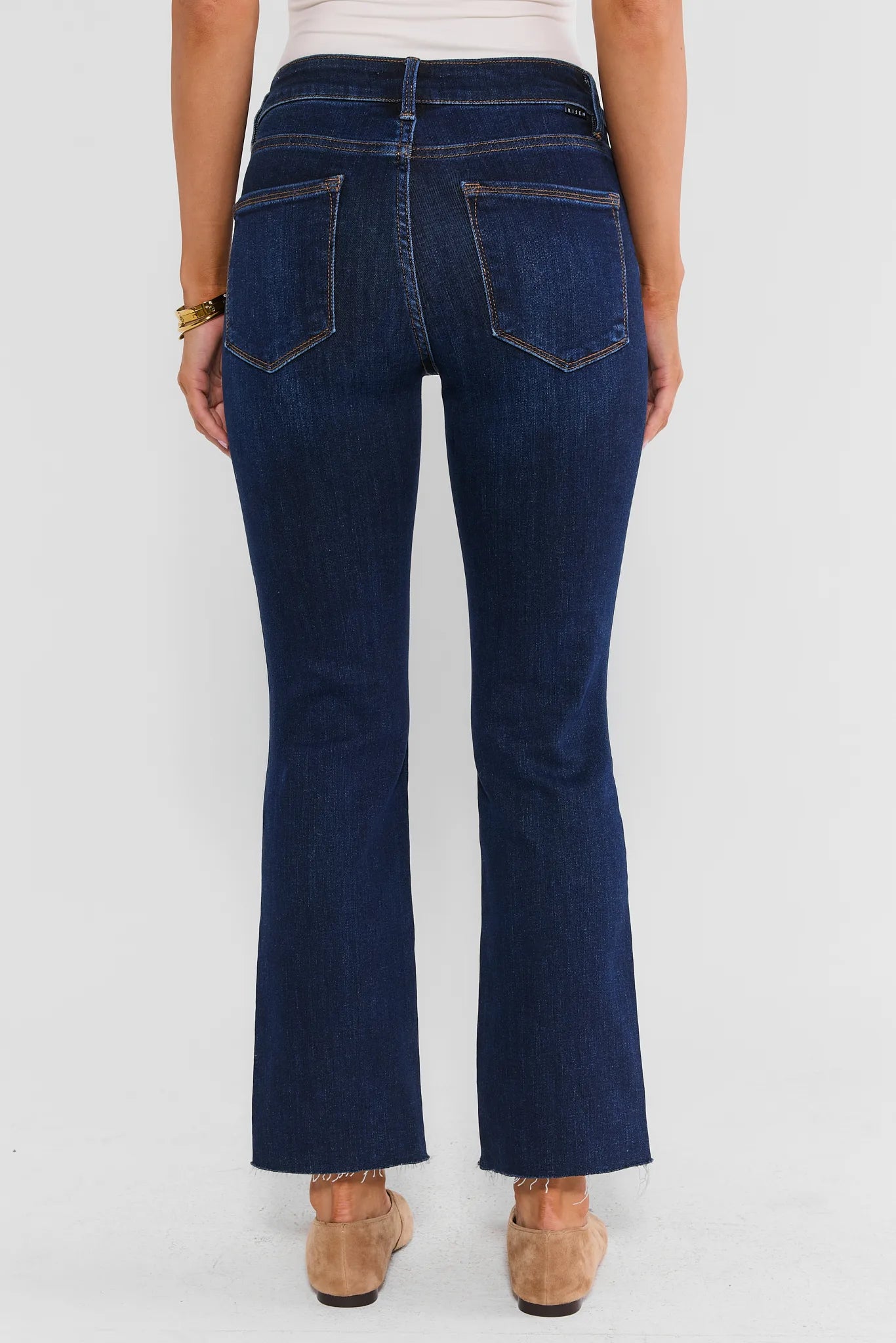 Dark Wash Kick Flare Jeans - Back View Showing Flare Silhouette & Raw Hem | Avara
