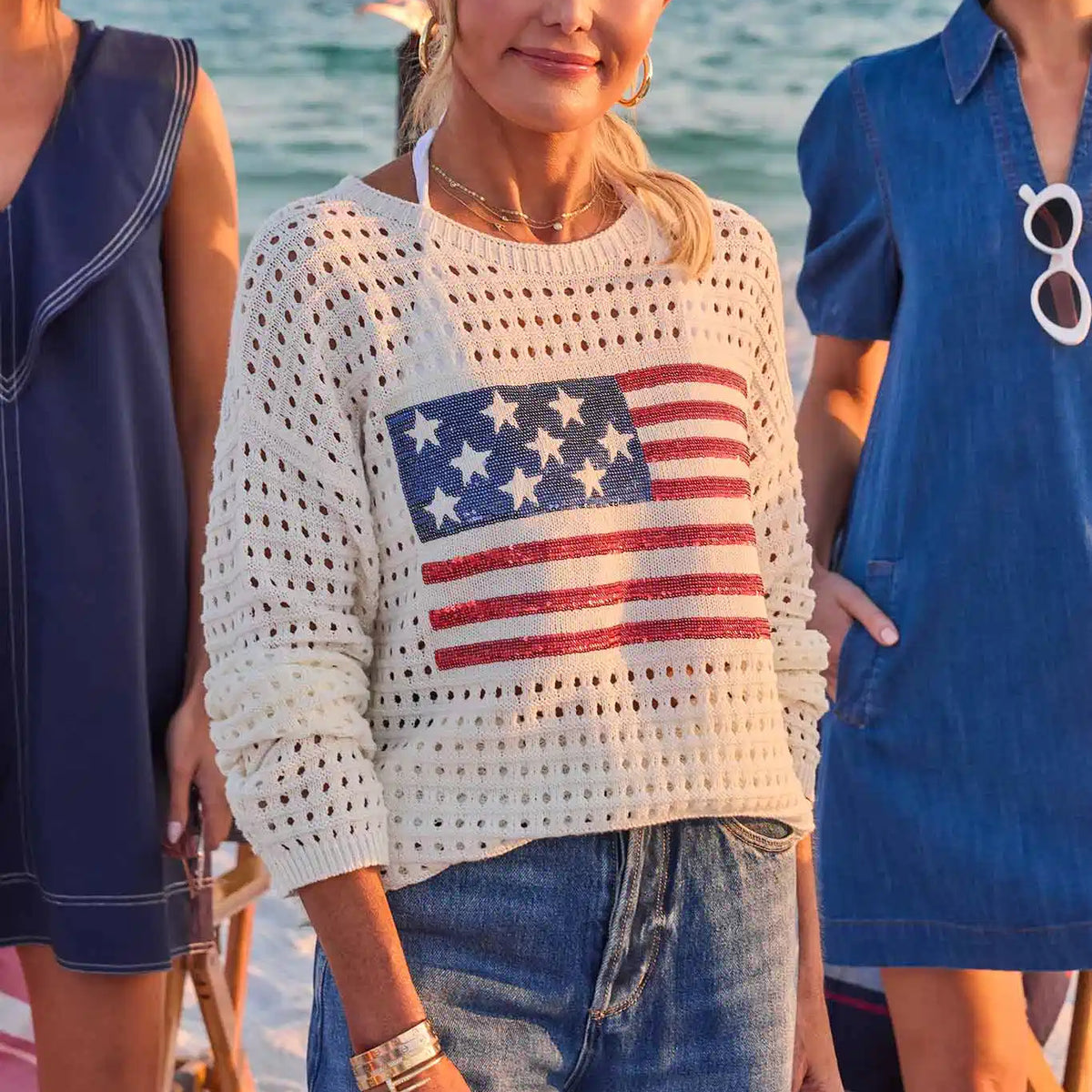 White Sequin Flag Crochet Sweater | Avara | Avara
