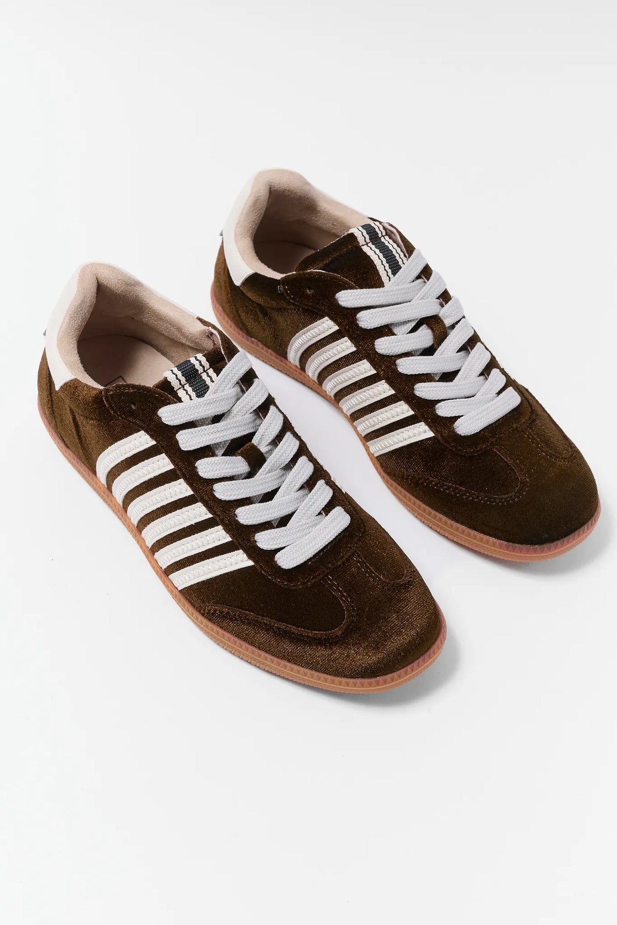 Brown Velvet Striped Sneakers - Angled Top-Down Pair View | Avara