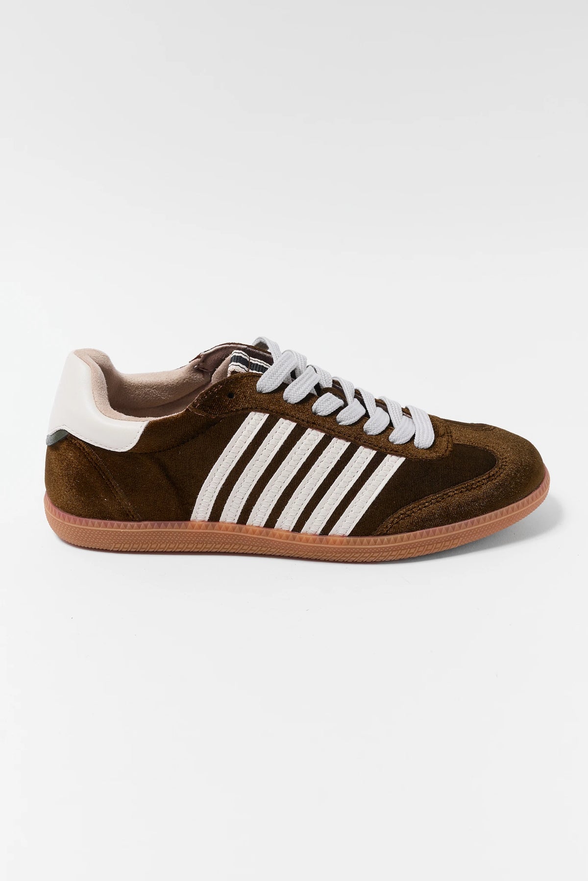 Brown Velvet Lace-Up Sneaker - Side Profile with Gum Sole | Avara