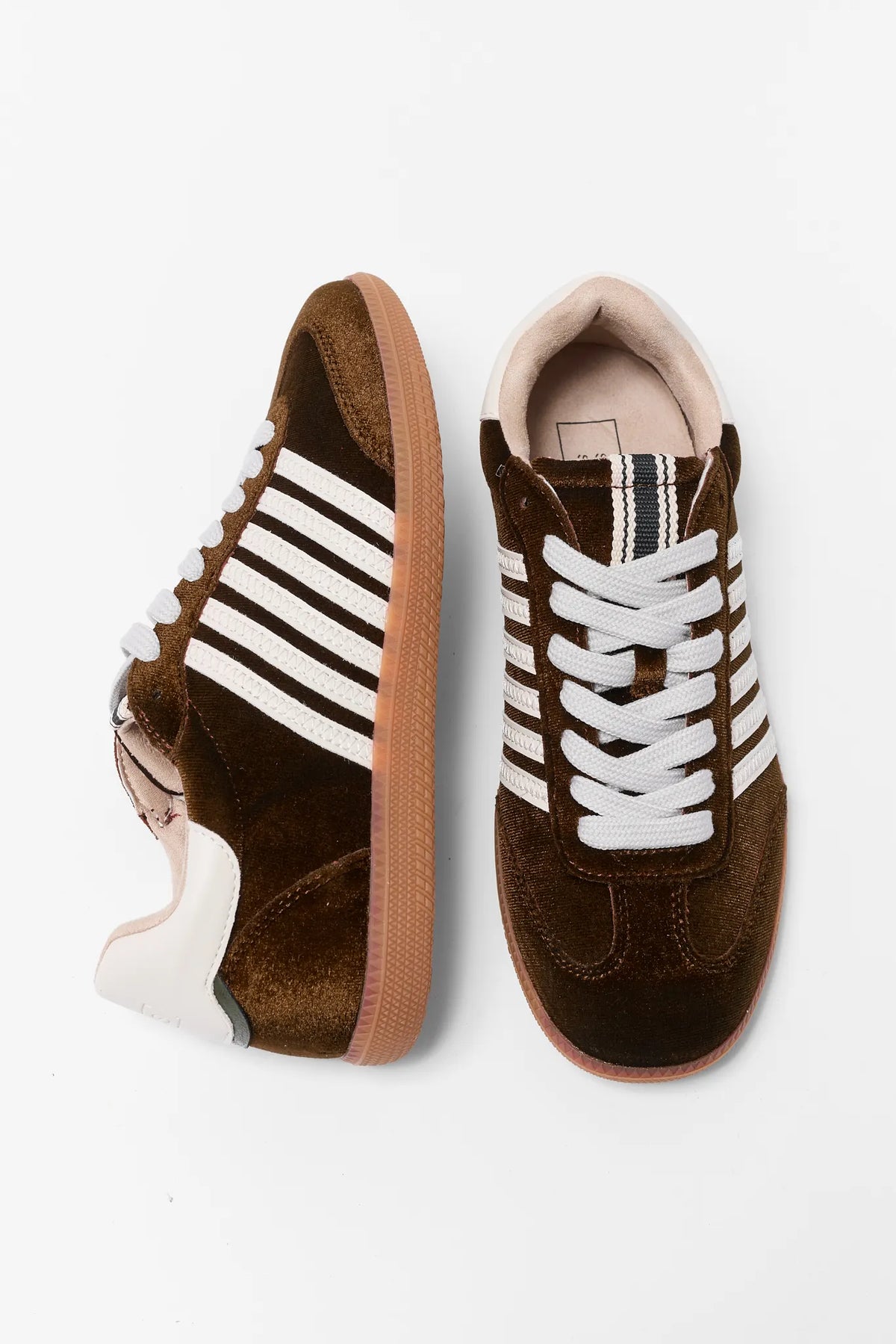 Brown Velvet Striped Sneakers - Overhead Flat Lay, Pair | Avara