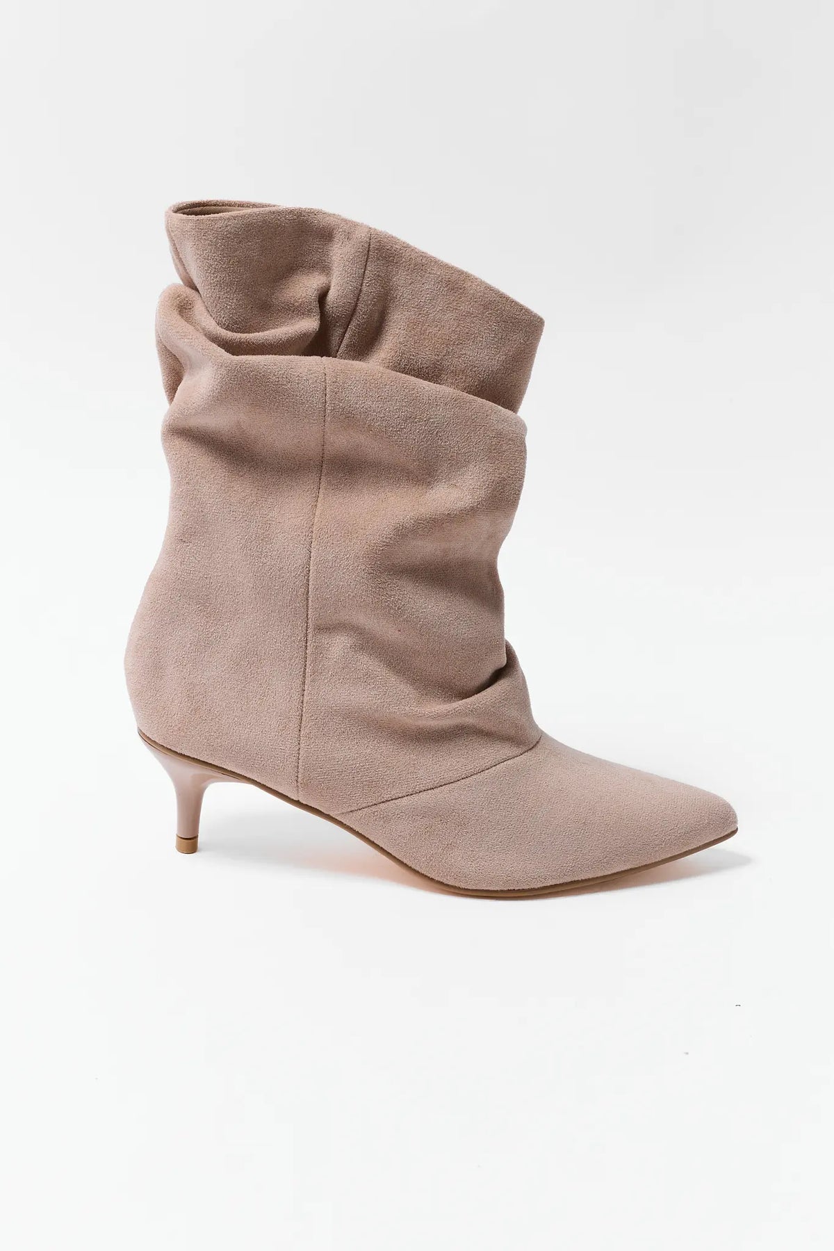 Tan Faux Suede Slouchy Boots - Side Profile, Pointed Toe | Avara