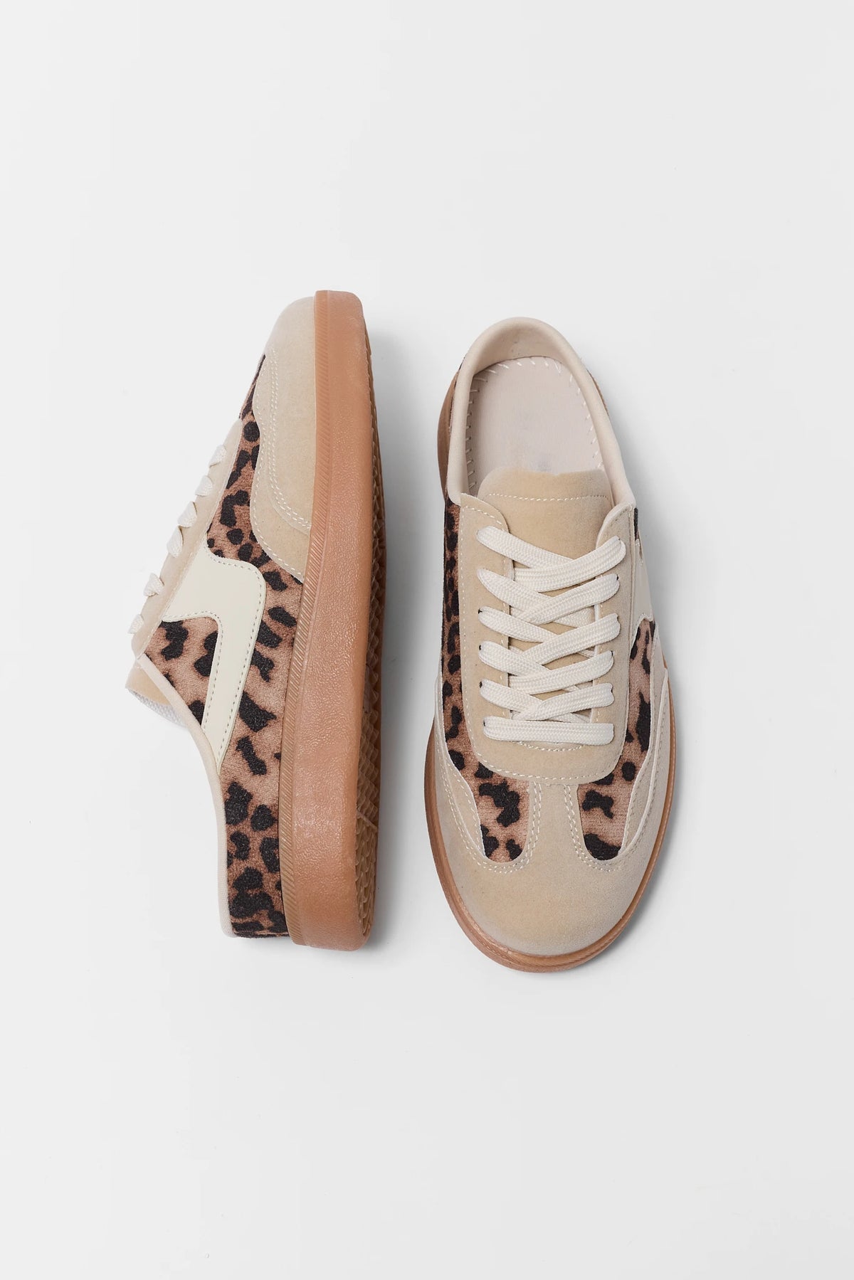 Tan Leopard Print Slip-On Sneakers - Top & Side Flat Lay, Gum Sole | Avara