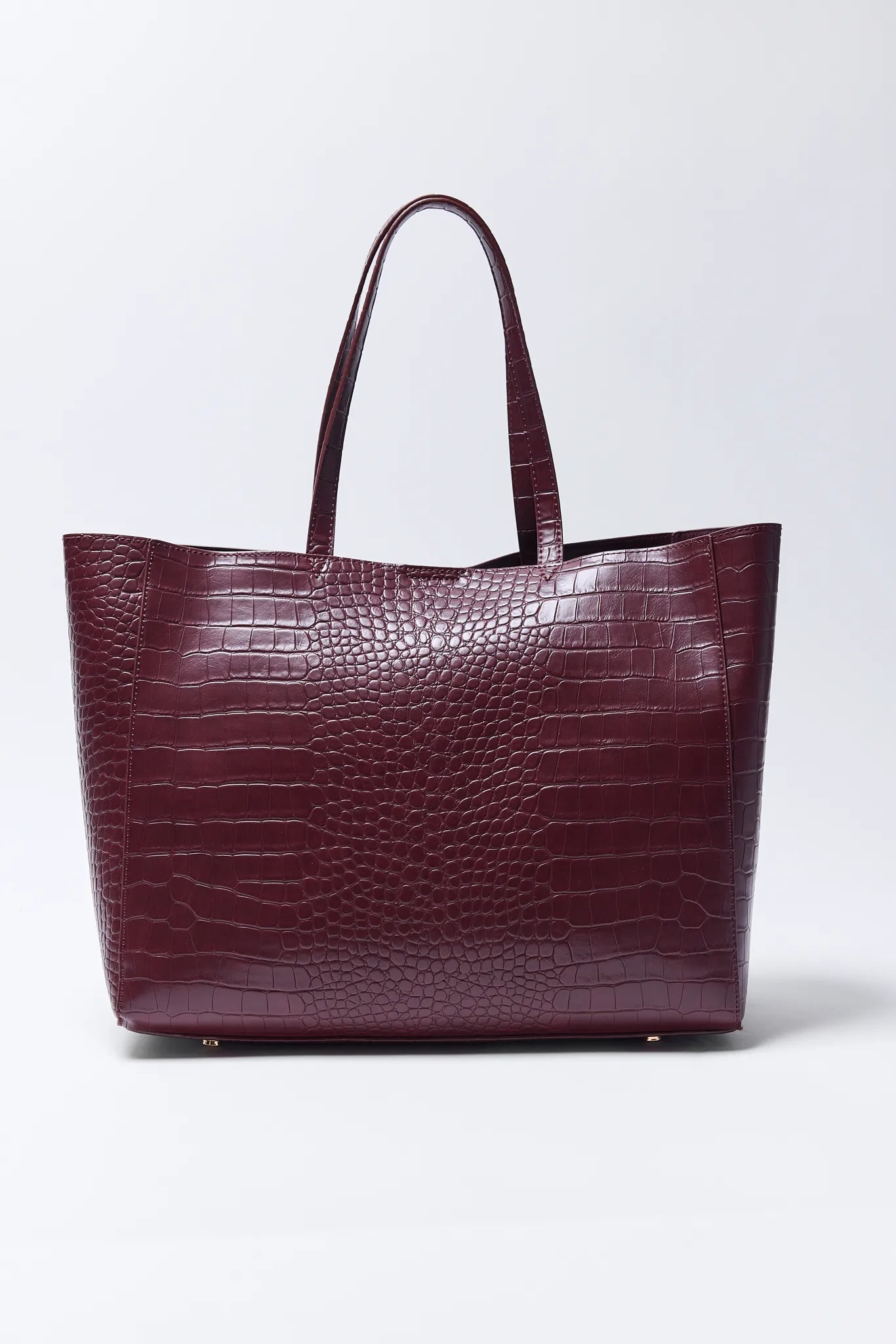 Burgundy leather tote Tiffany Bag with crocodile texture on a white background