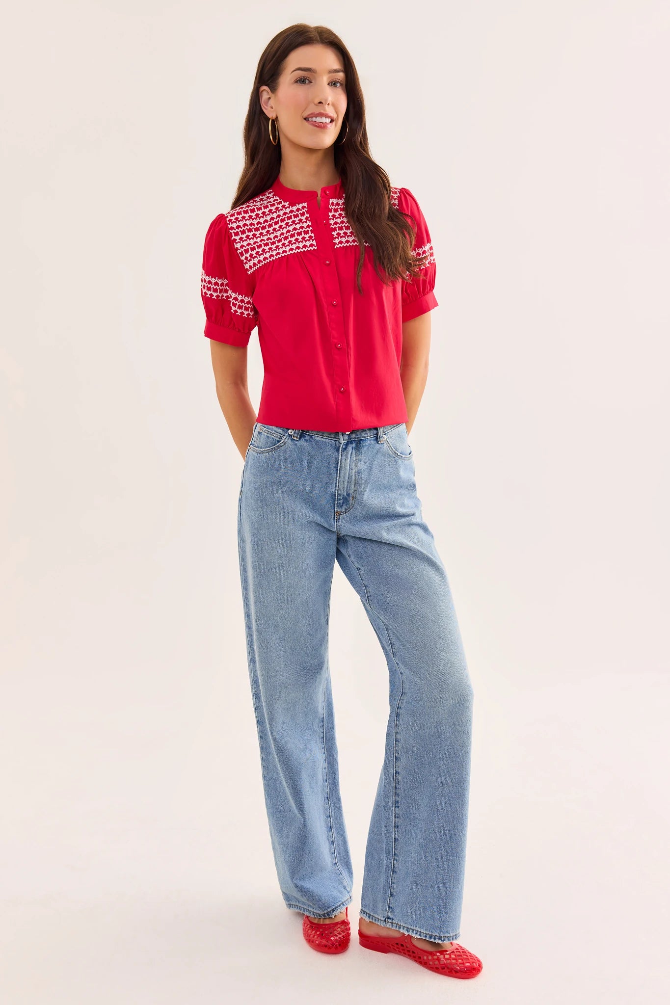 Trudy Red and White Embroidered Top