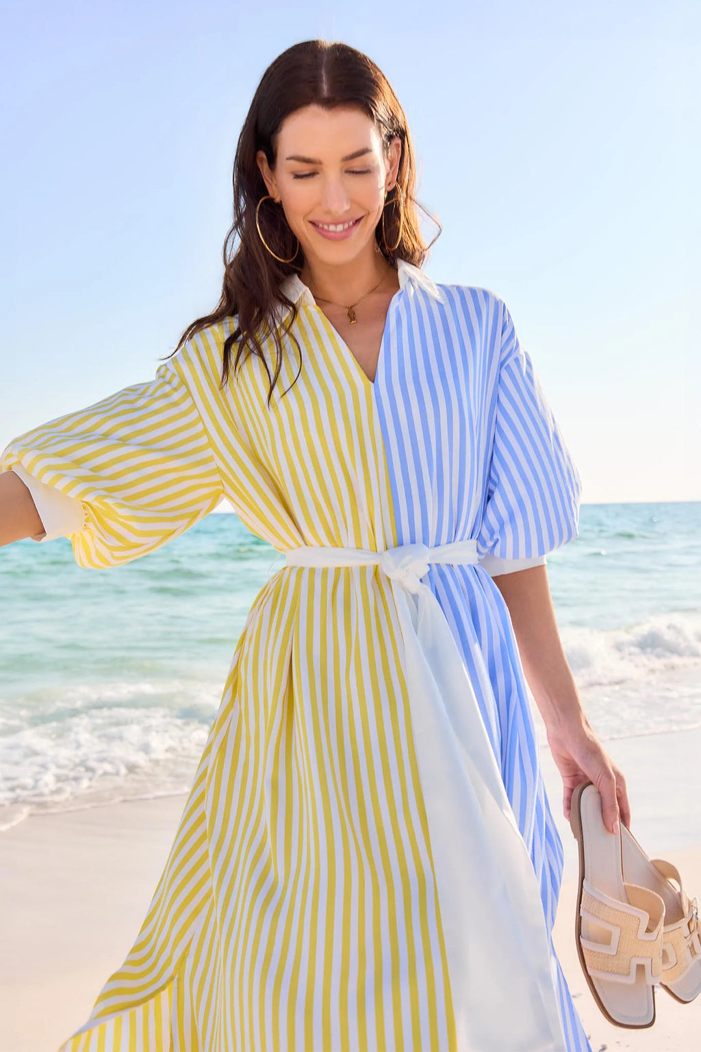 blue yellow dress Two Toned Striped Midi Dress