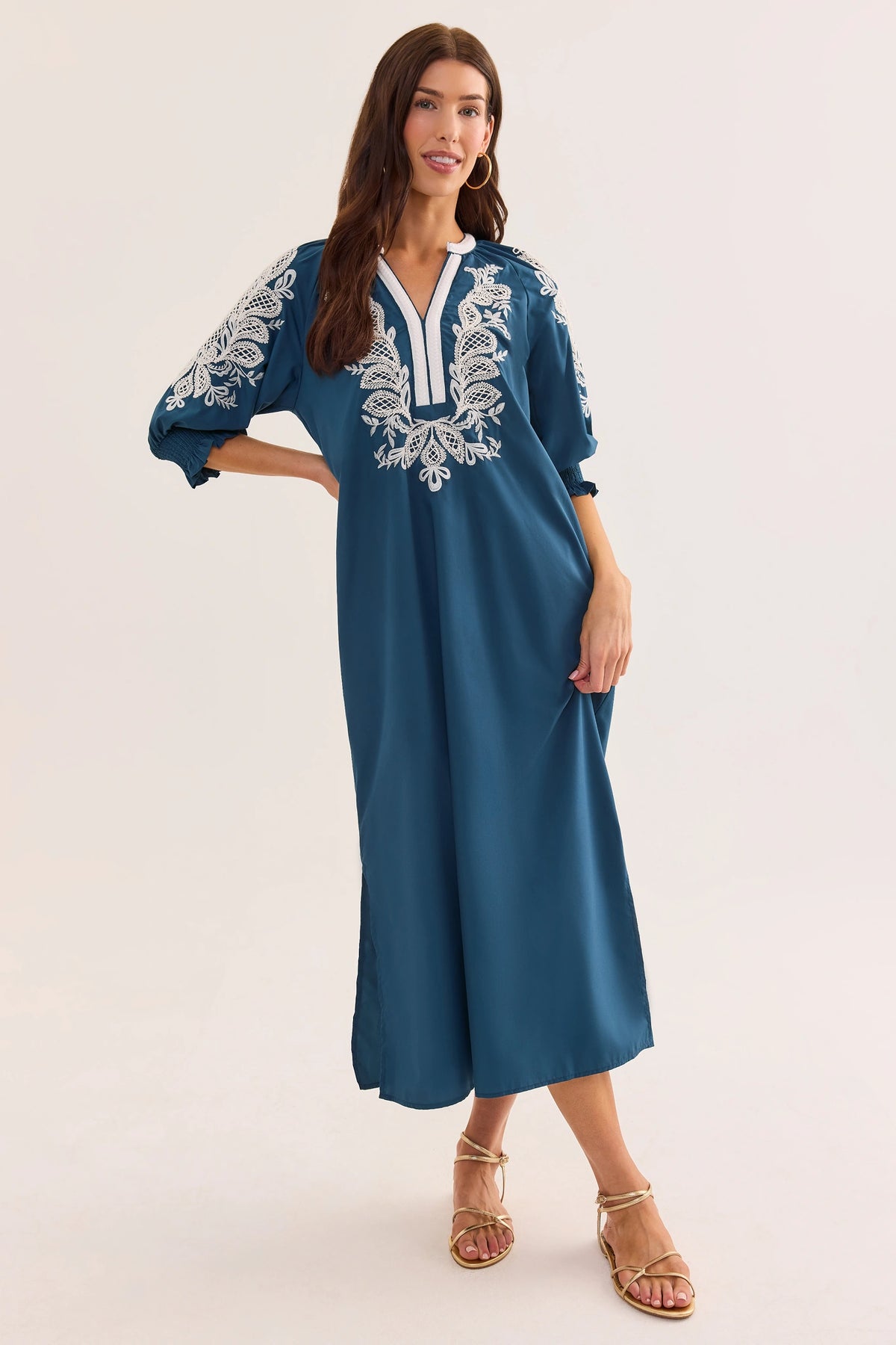 Vivian Navy Embroidered Midi Dress | Women's Clothing