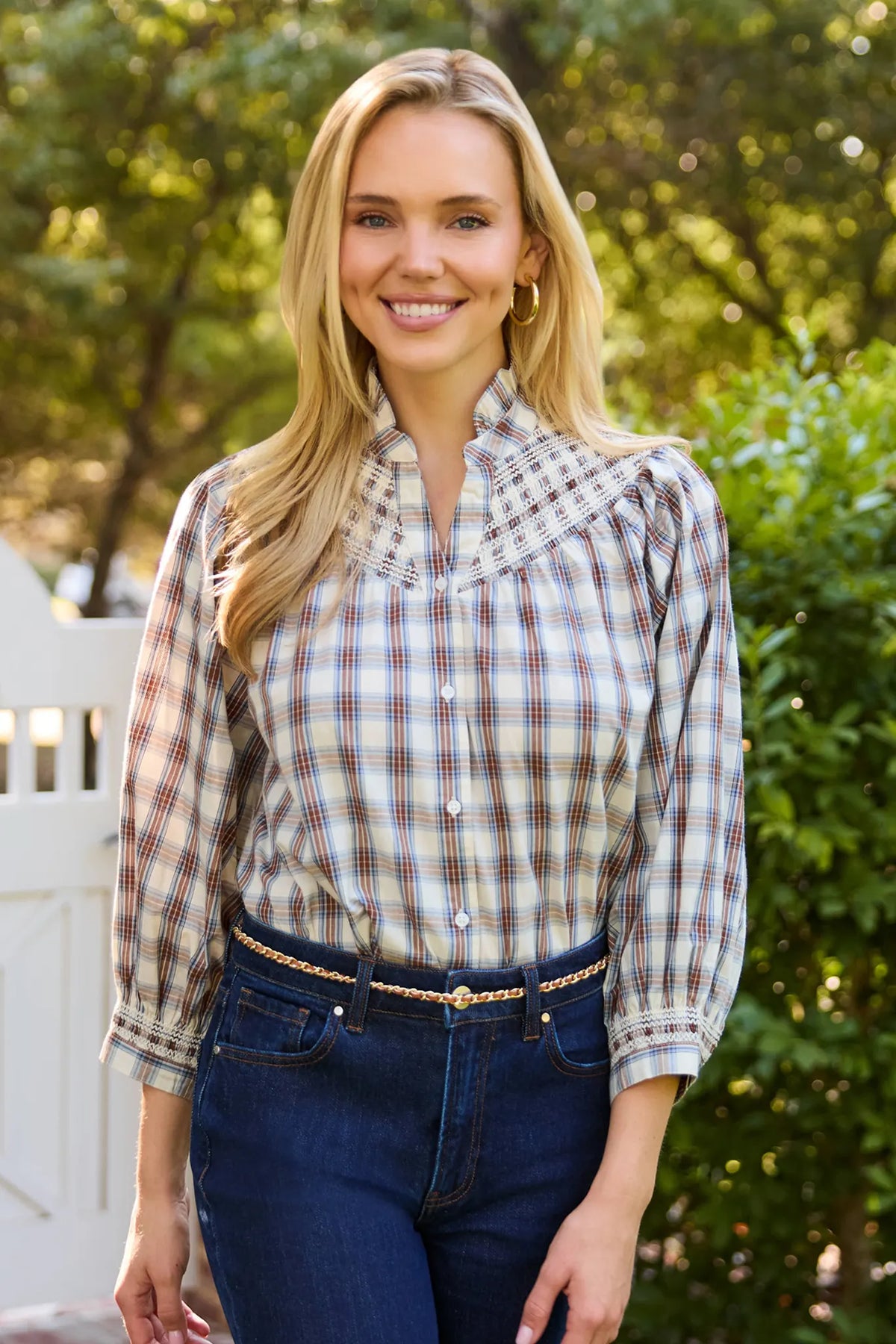 Brown Plaid Smocked Detail Top - On Model Front View, Styled with Dark Jeans | Avara