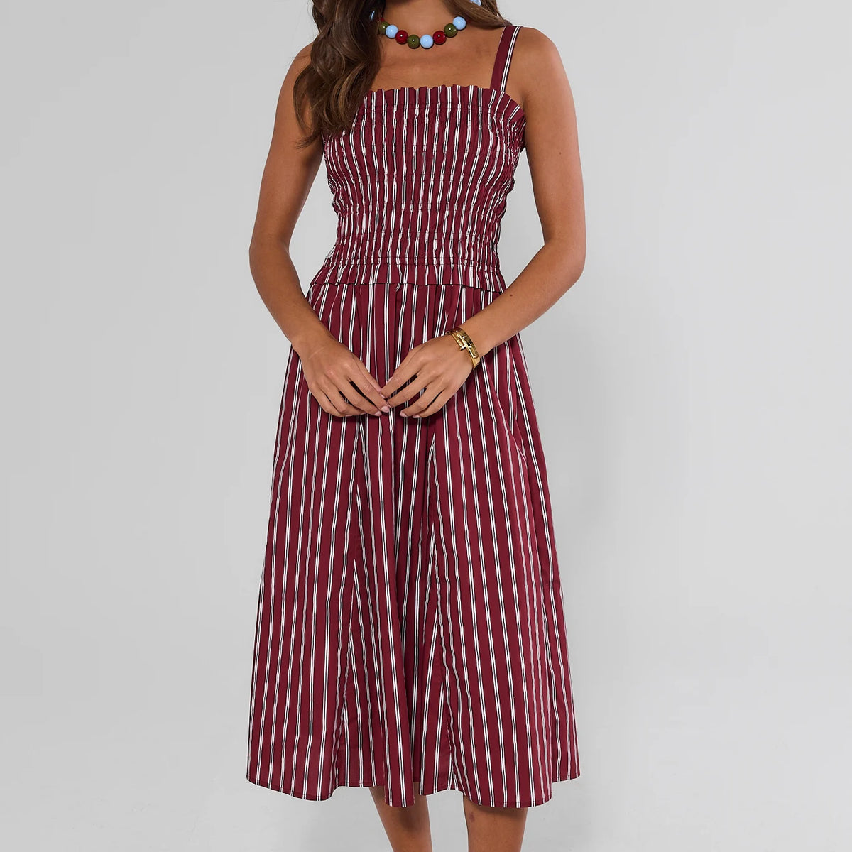 red black striped dress Maroon Smocked Midi Cotton knit Princess Polly | Dresses Size:Size 14 / XL Holiday: Gift Guide