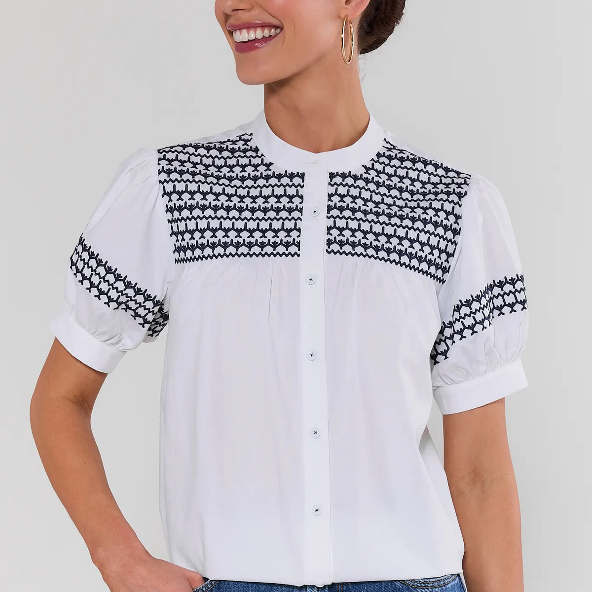 Trudy White and Navy Embroidered Top | Avara