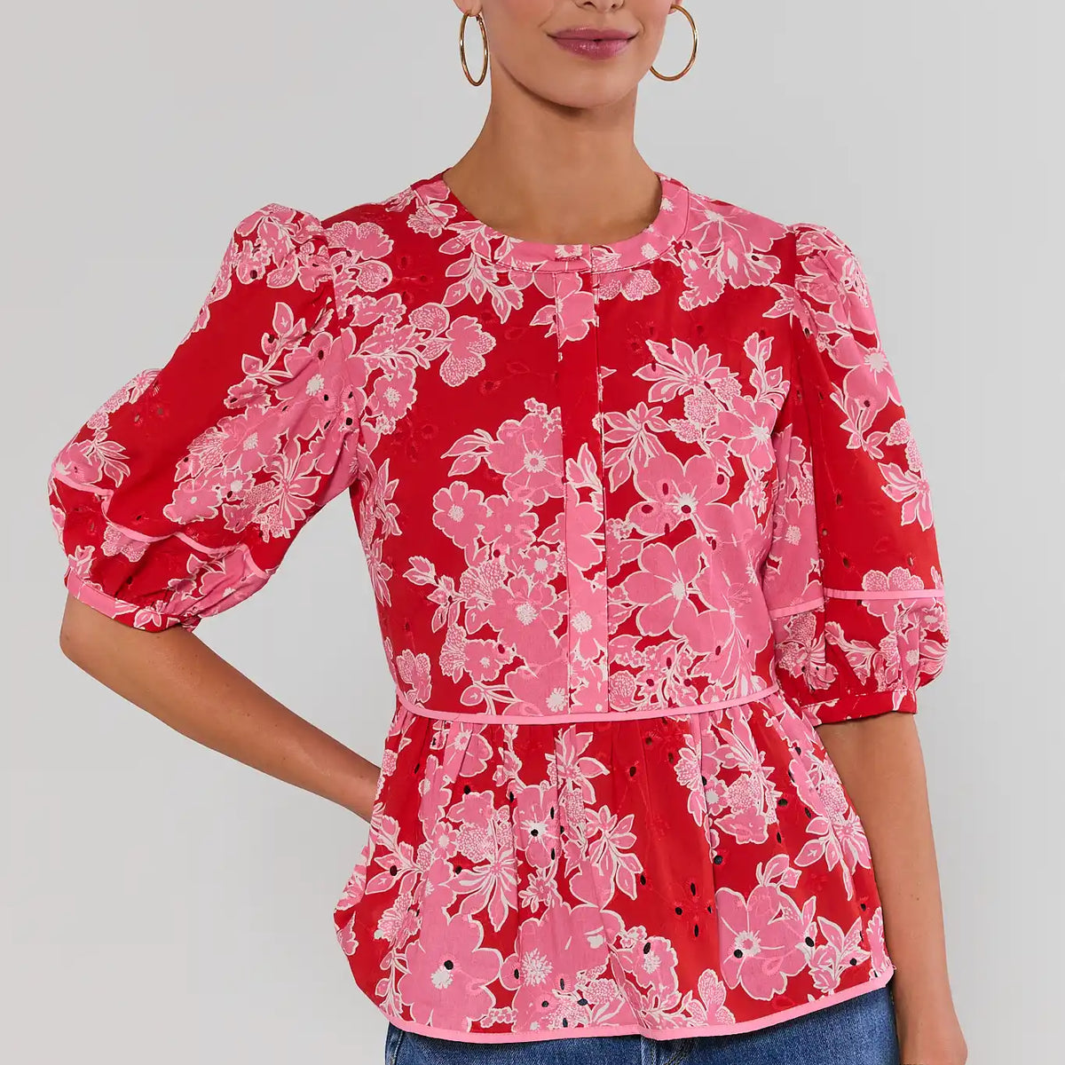 Abigail Red Floral Eyelet Peplum Top | Avara