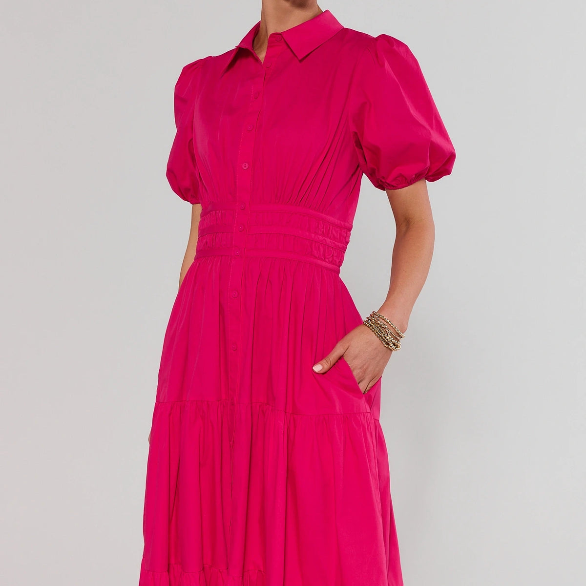 Pink Tiered Button Up Midi Dress
