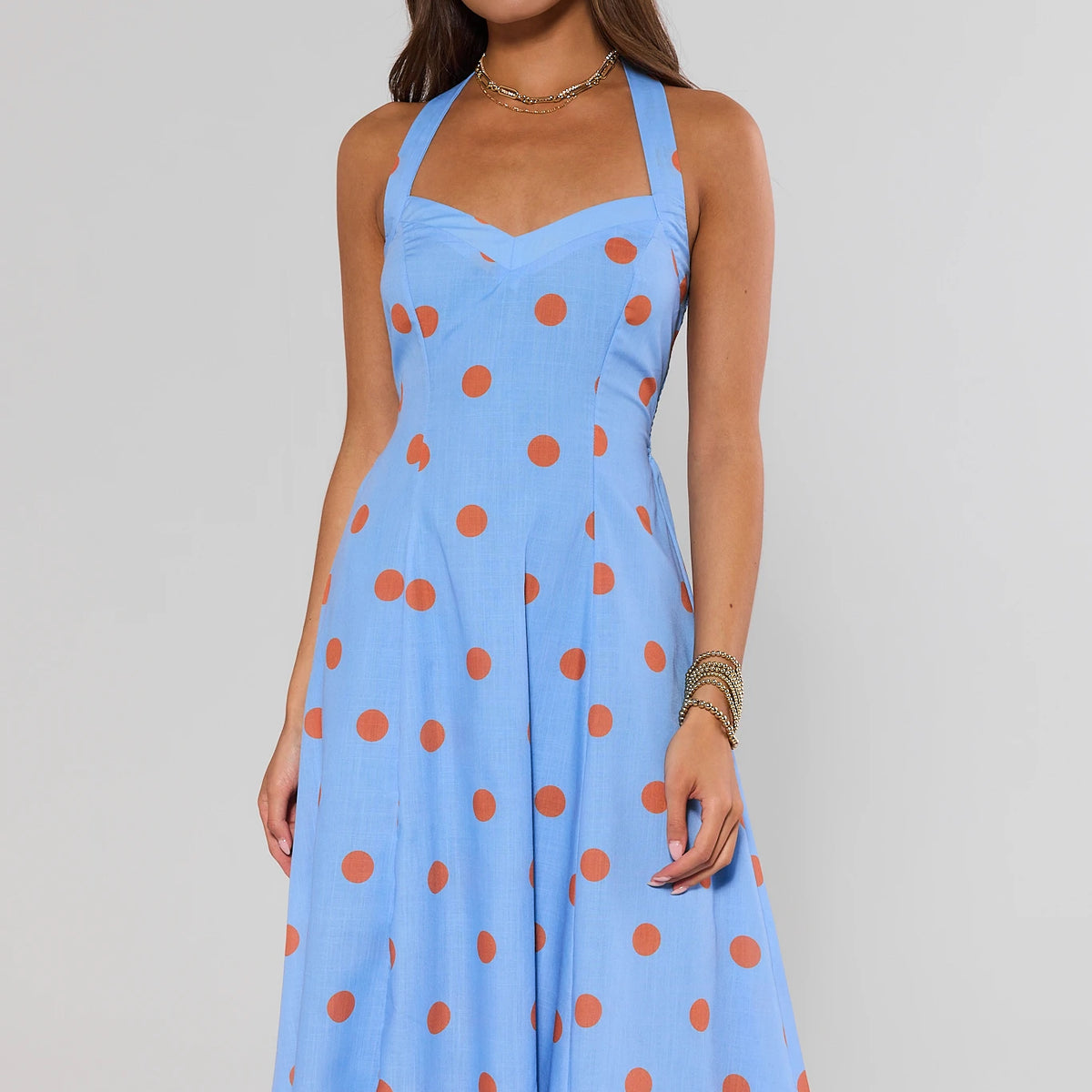 Blue Polka Dot Halter Midi Dress | Women's Clothing | Avara