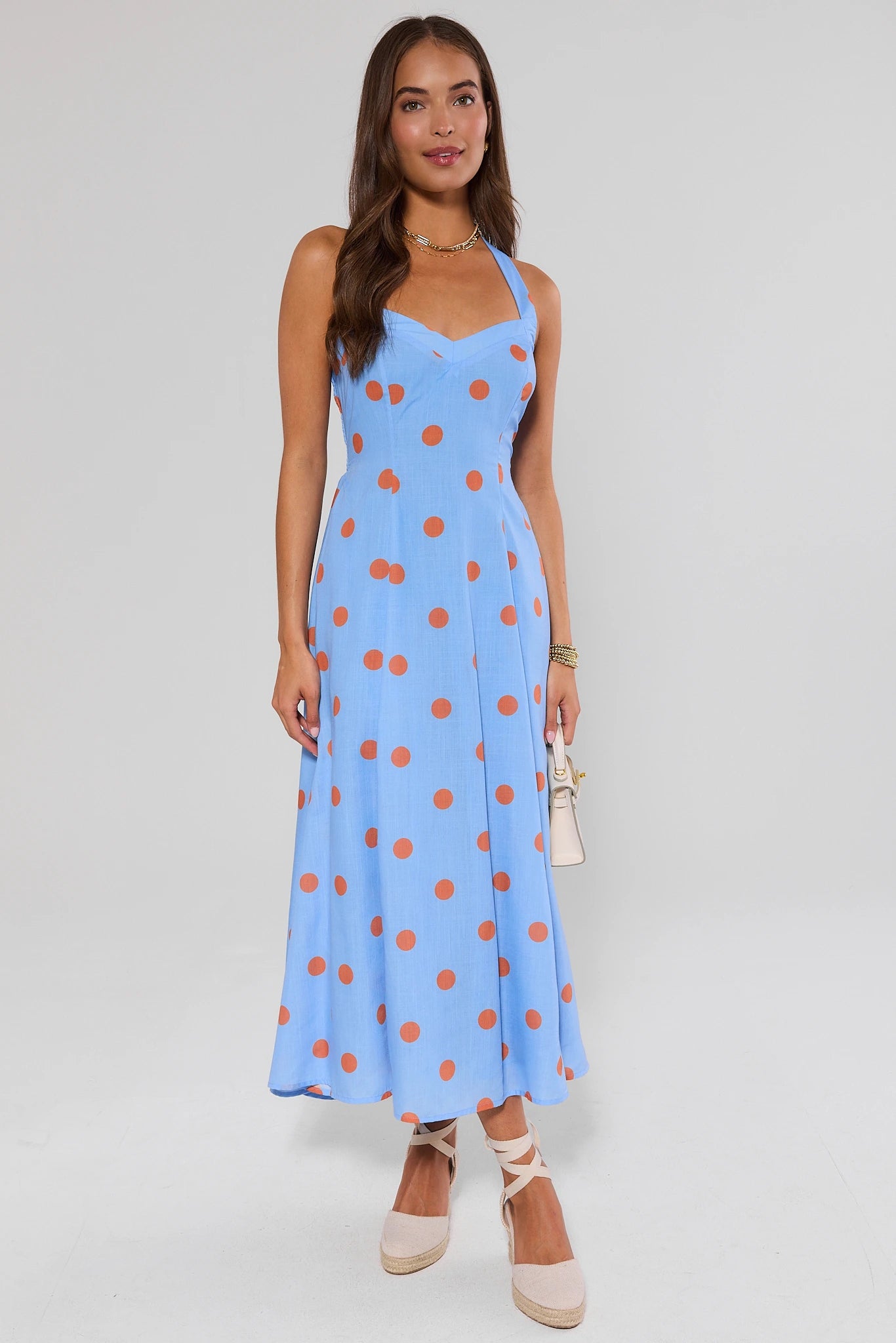 Blue Polka Dot Halter Midi Dress | Women's Clothing