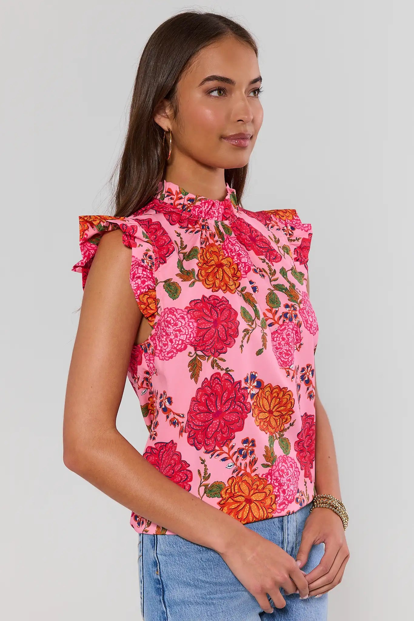 side shot woman wearing annabeth floral top