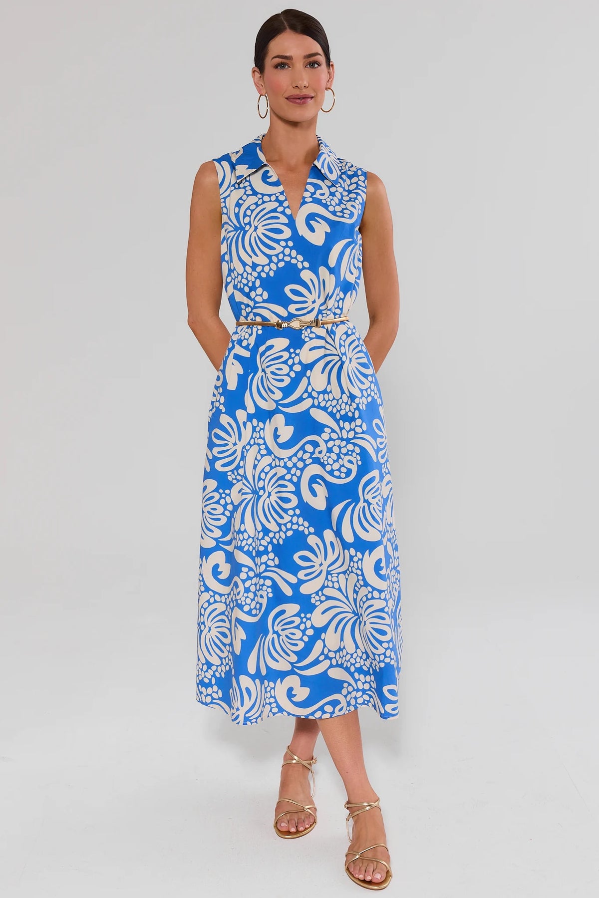 blue and white floral sleeveless dress Heather Printed Maxi consider sizing up for