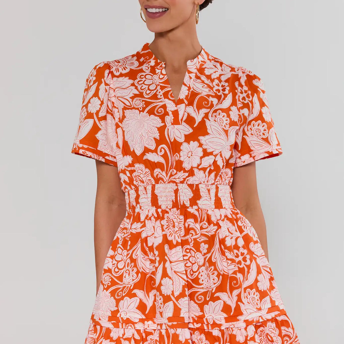 orange print poplin dress Stewart Simmons Poplin Allover Print Smocked Dress