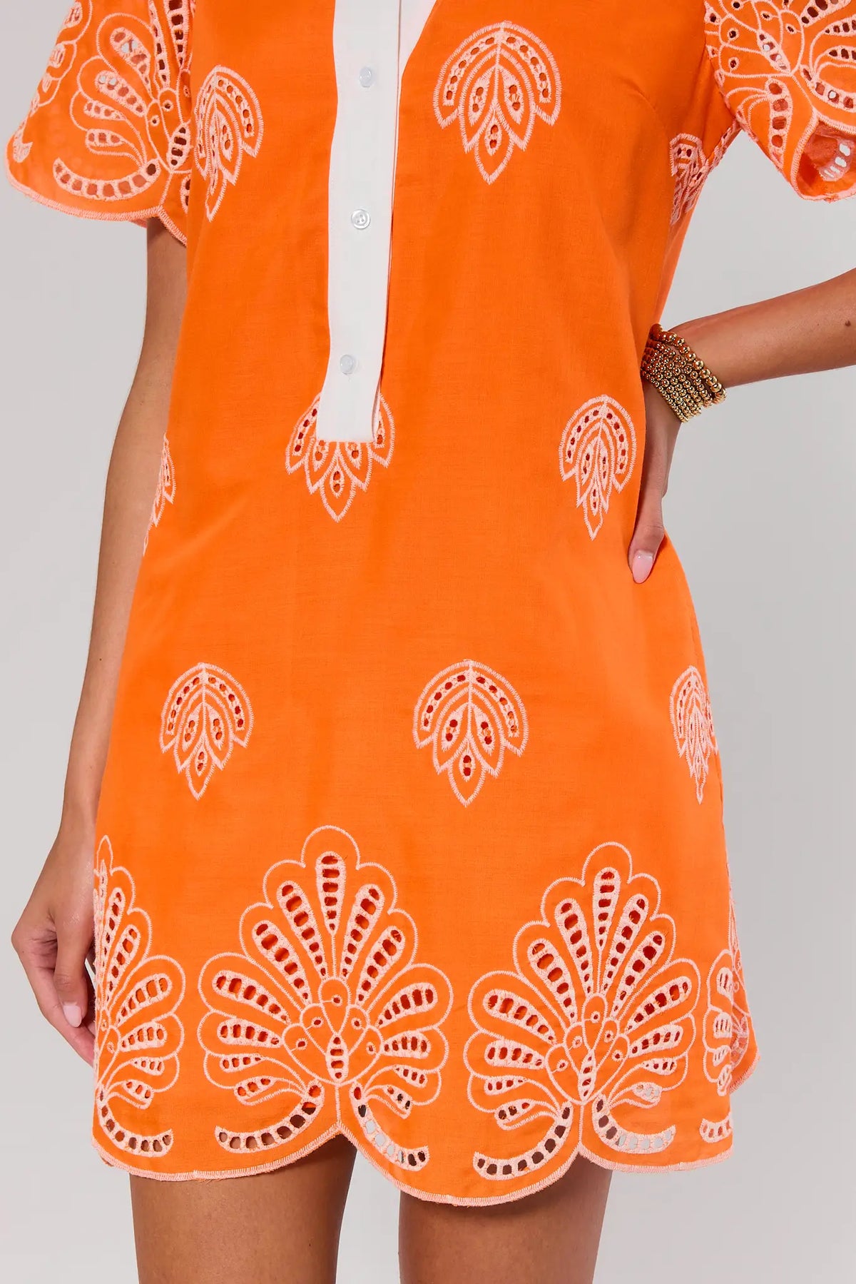 Women's Orange Eyelet Embroidered Short Dress | Avara
