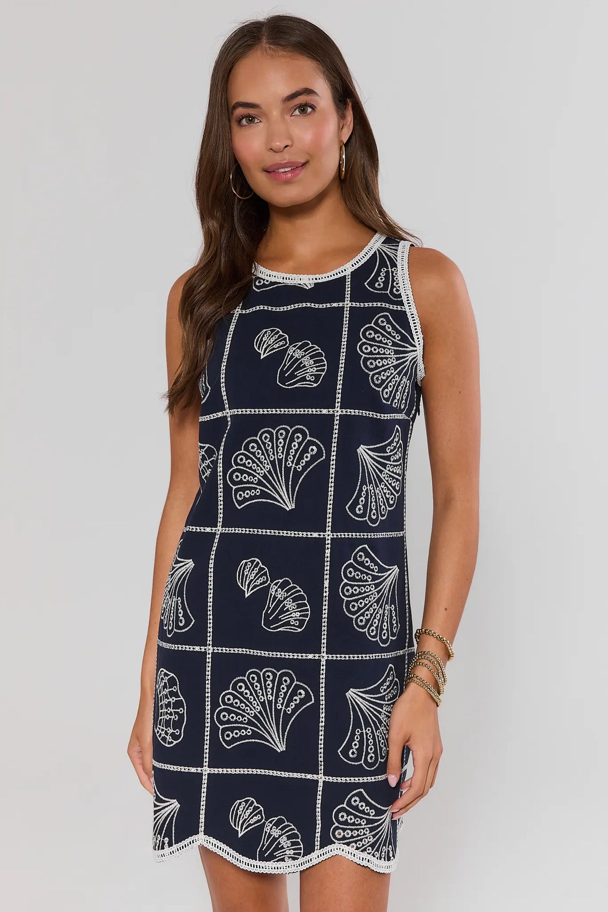 Navy Shell Embroidered Short Dress