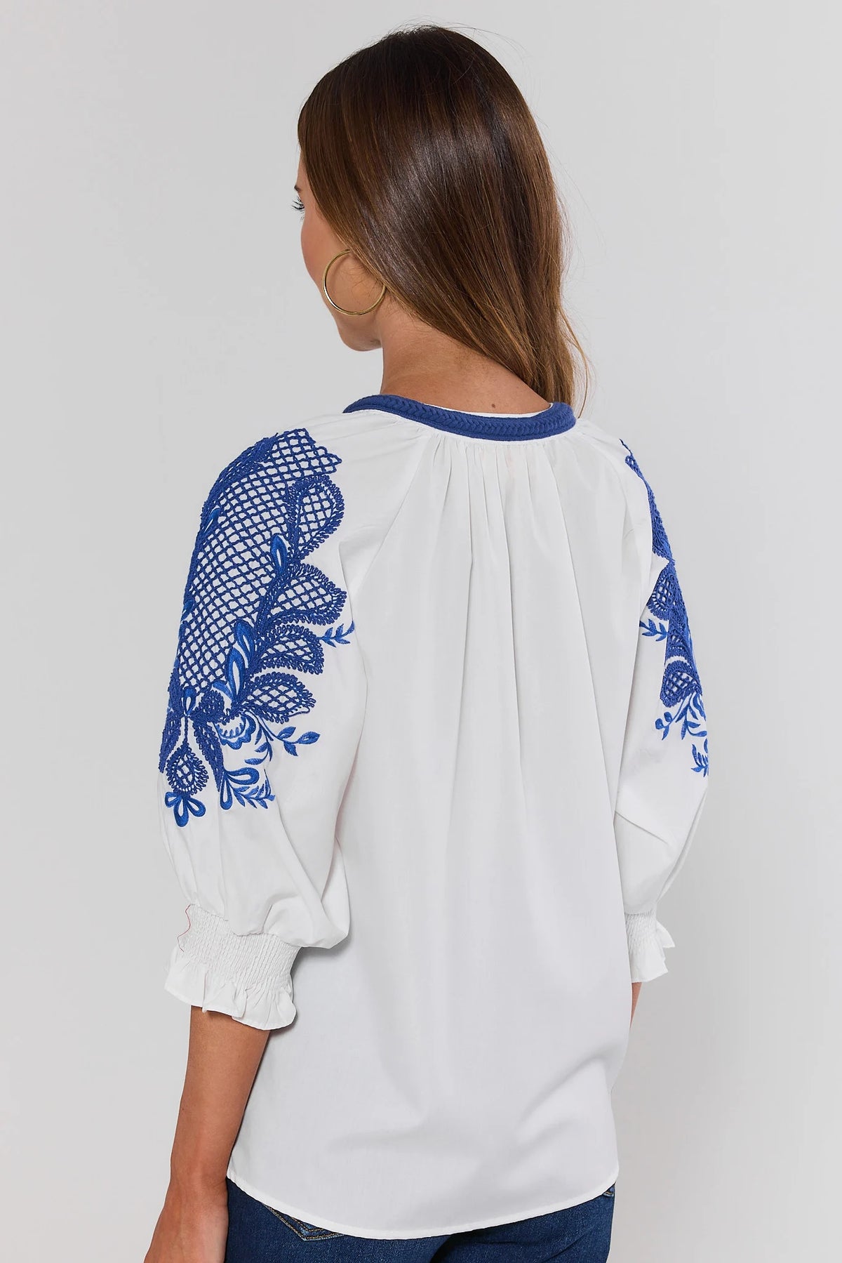 White Embroidered Split Neck Top | Avara | Avara