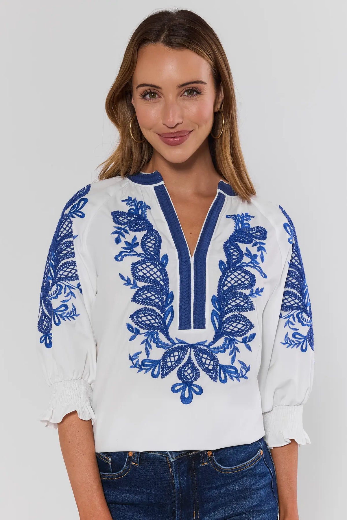 Women's White Embroidered Split Neck Top | Avara | Avara