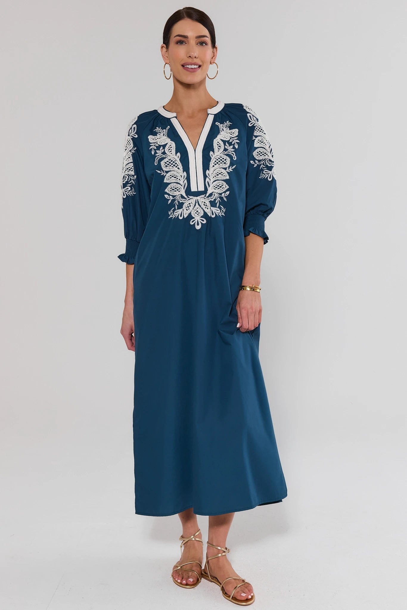 navy blue dress with embroidery Vivian Navy Embroidered Midi Dress | Women's Clothing