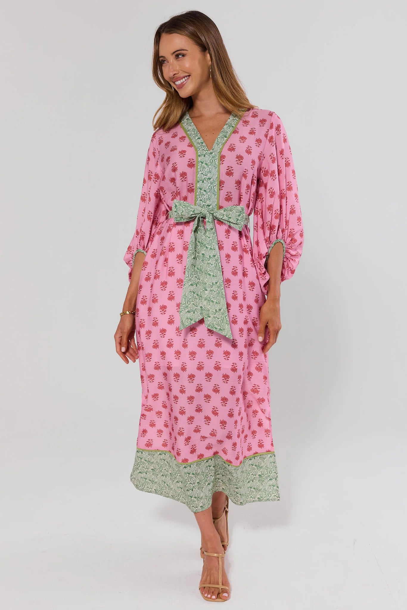 pink dress with green polka dots Polka dots green on pink Fabric, Raspberry Creek Fabrics