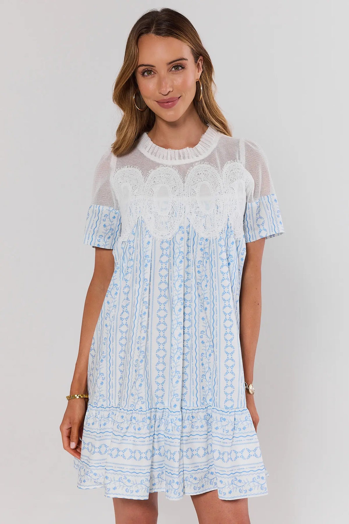 Blue Printed Mesh Short Dress