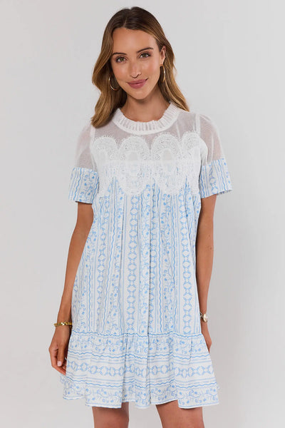 Women's Blue Printed Mesh Short Dress | Avara