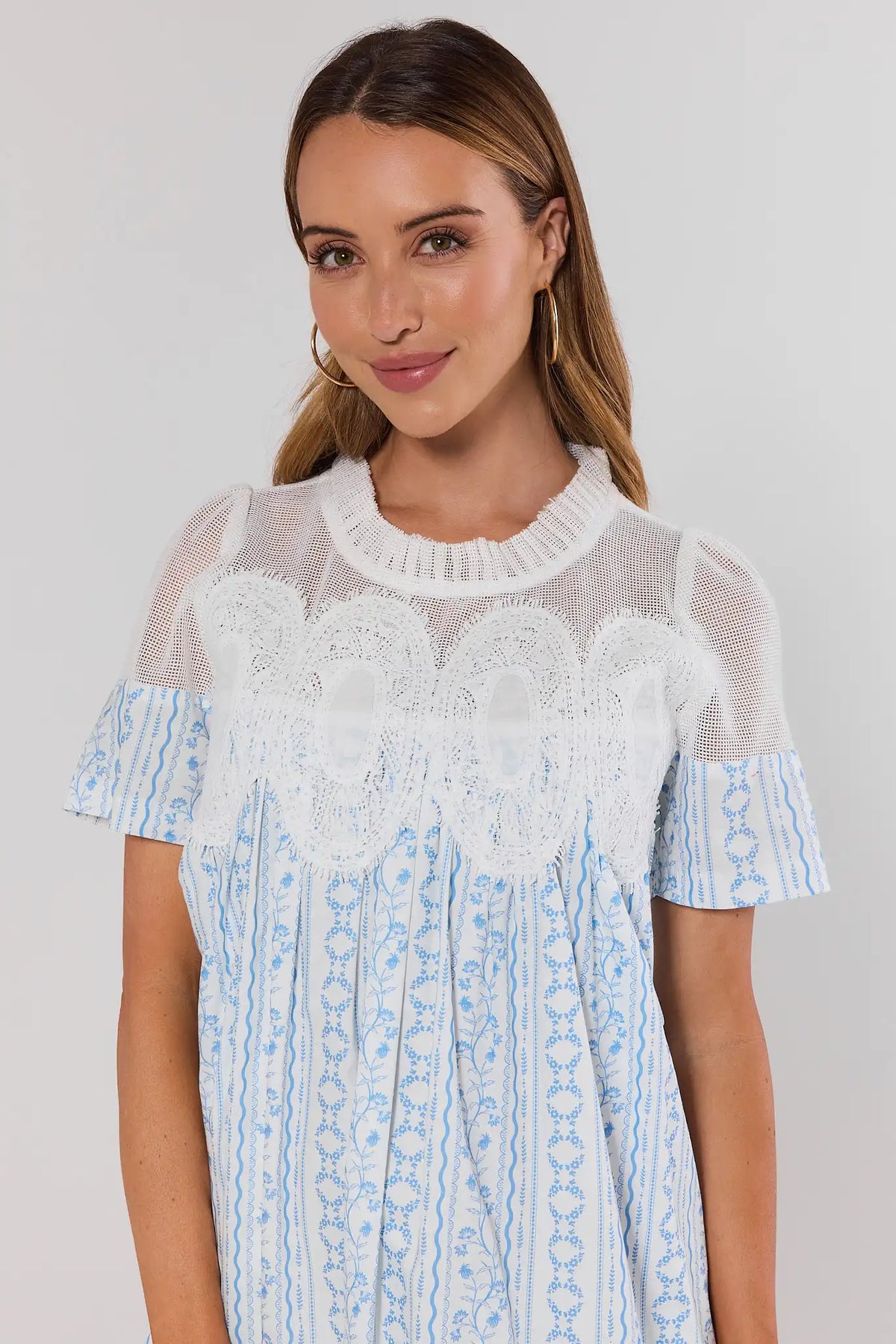 Blue Printed Mesh Short Dress