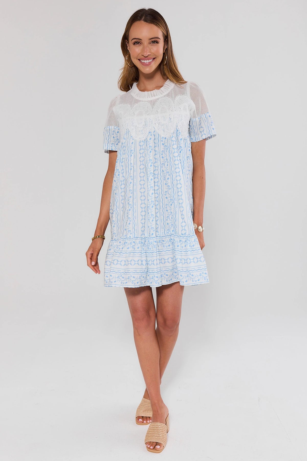 Women's Blue Printed Mesh Short Dress | Avara