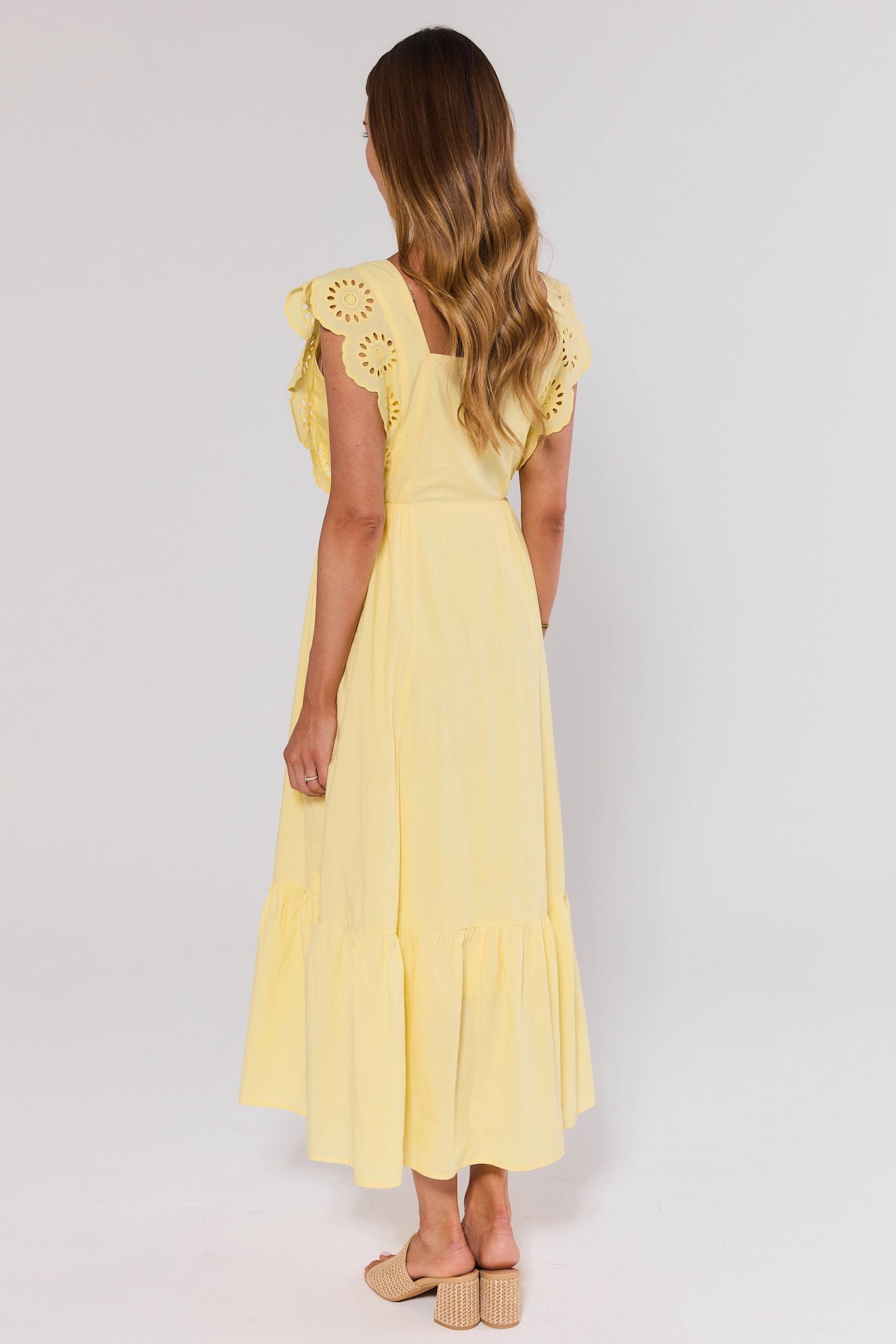 Yellow Eyelet Flutter Sleeve Midi Dress | Avara Yellow Eyelet Flutter Sleeve Midi Dress | Avara