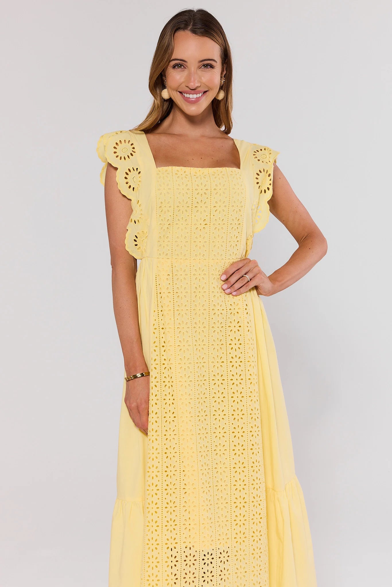 Yellow Eyelet Flutter Sleeve Midi Dress | Avara Yellow Eyelet Flutter Sleeve Midi Dress | Avara