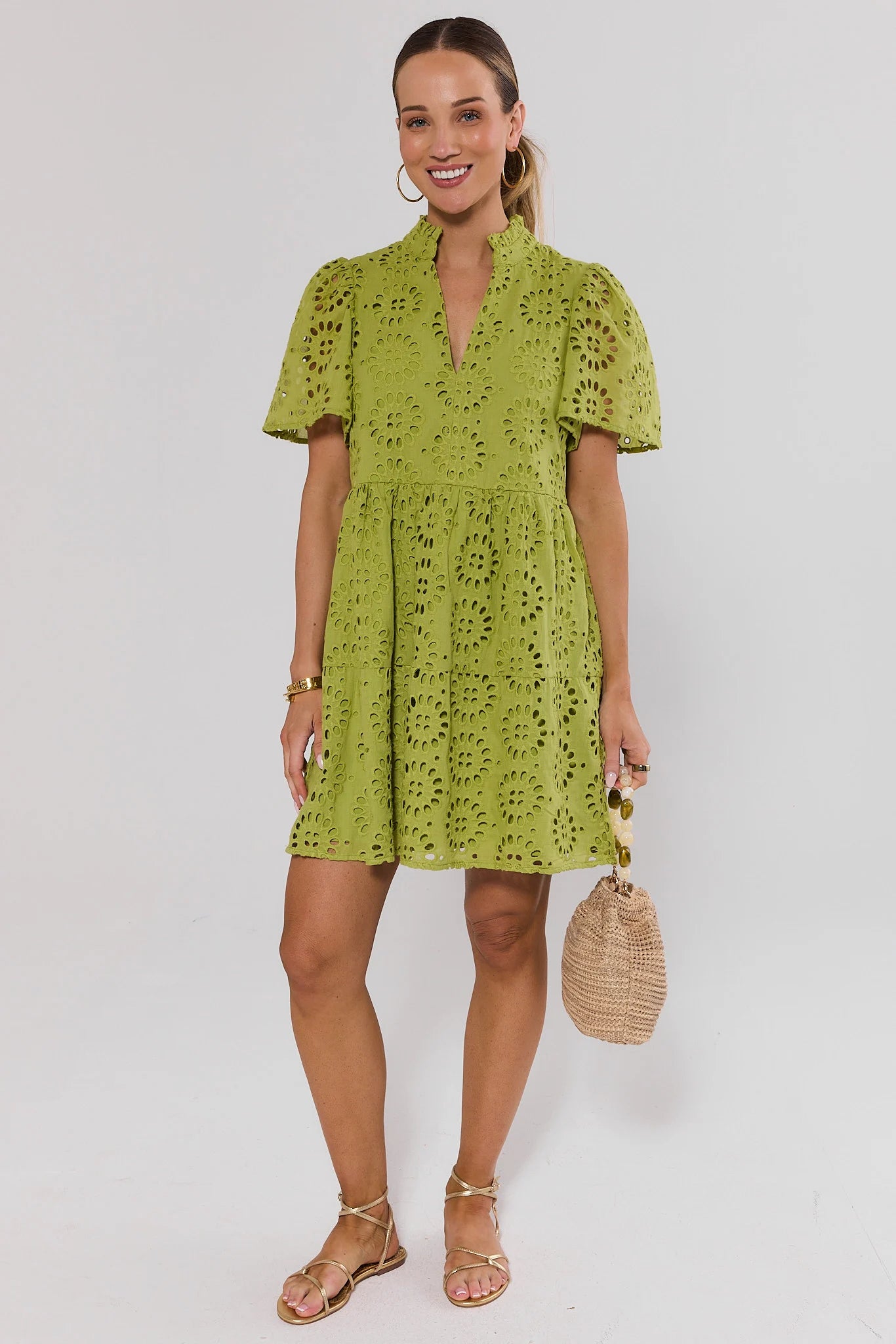 hold the phone eyelet mini dress Green Eyelet Embroidered Short Dress