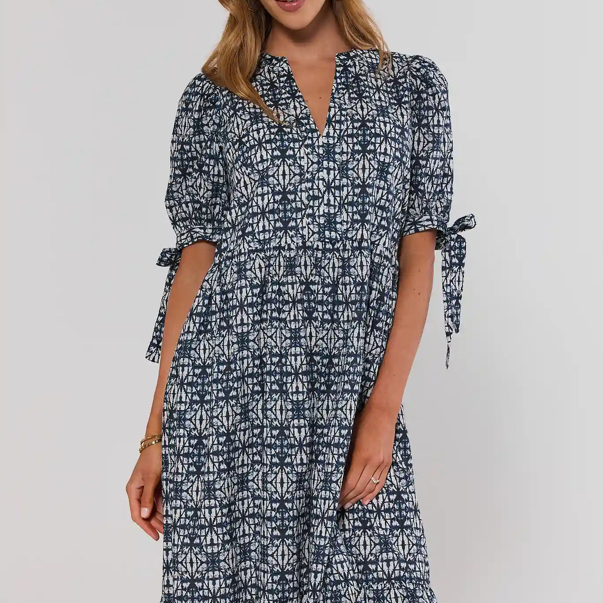 Women's Navy Printed Tiered Midi Dress | Avara | Avara