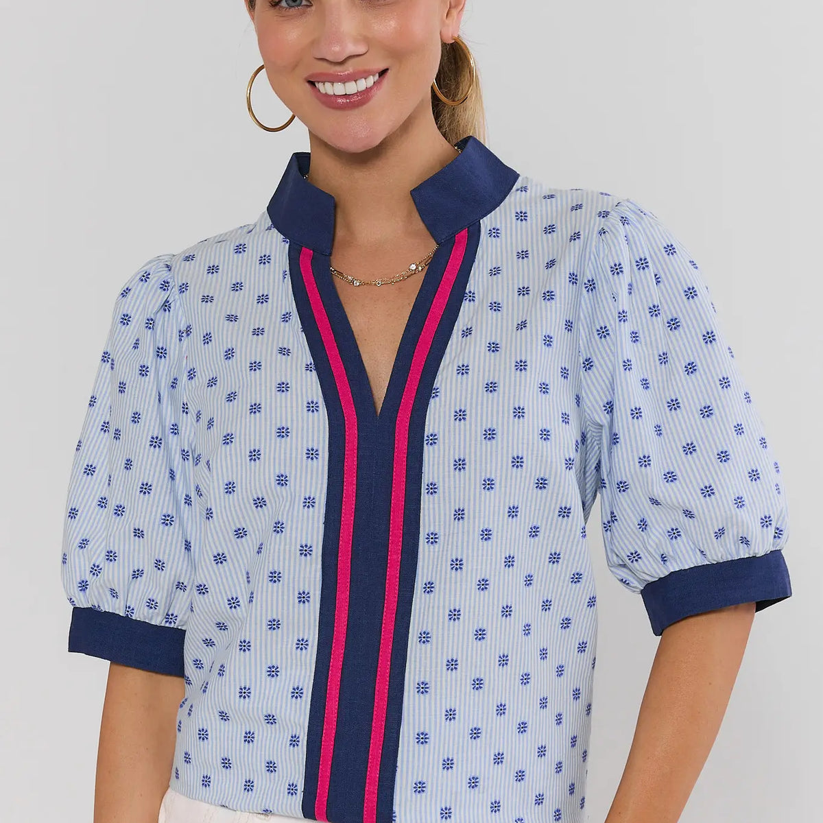 Blue Pinstripe Embroidered Dot Top | Avara