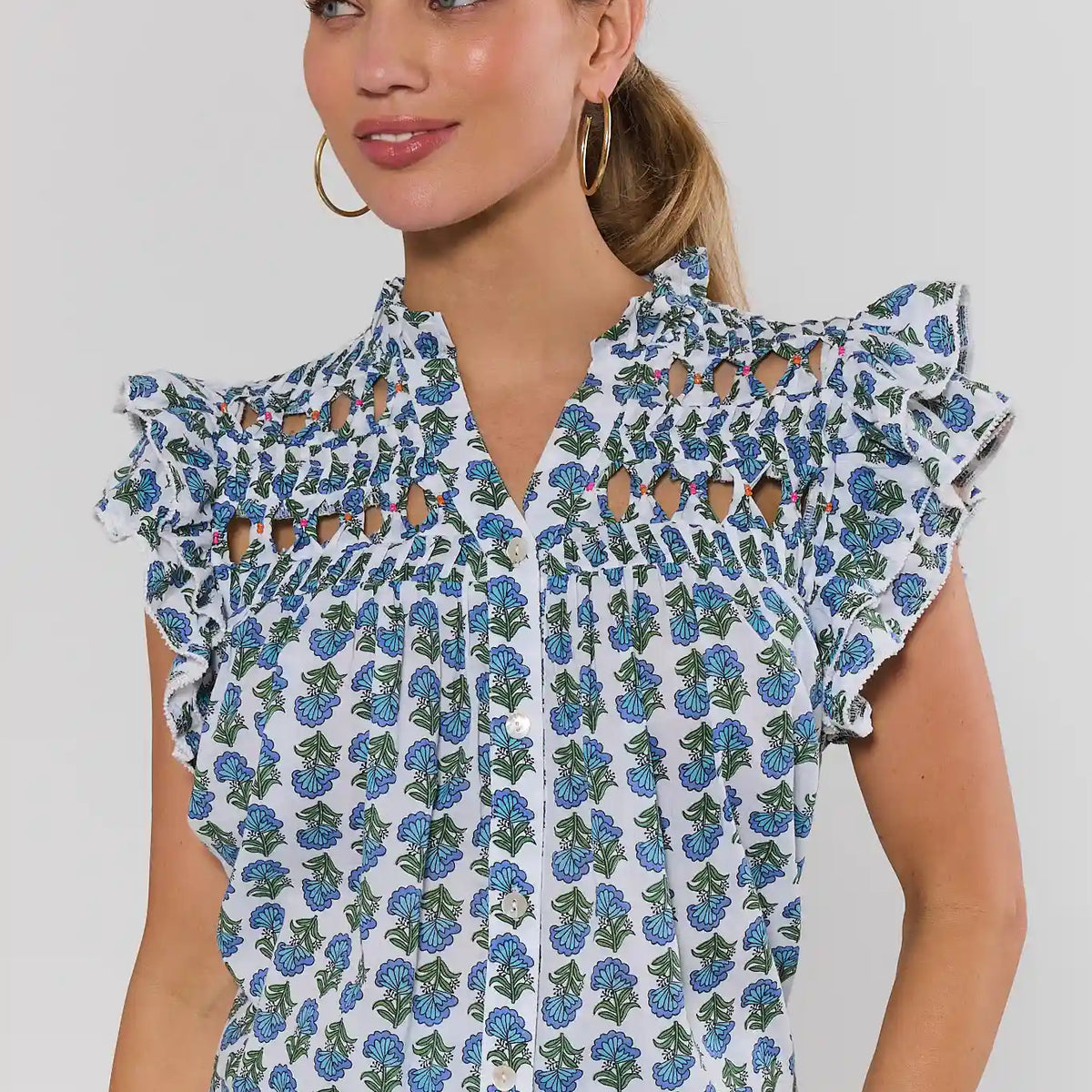 Women's Blue Floral Flutter Sleeve Top | Avara | Avara