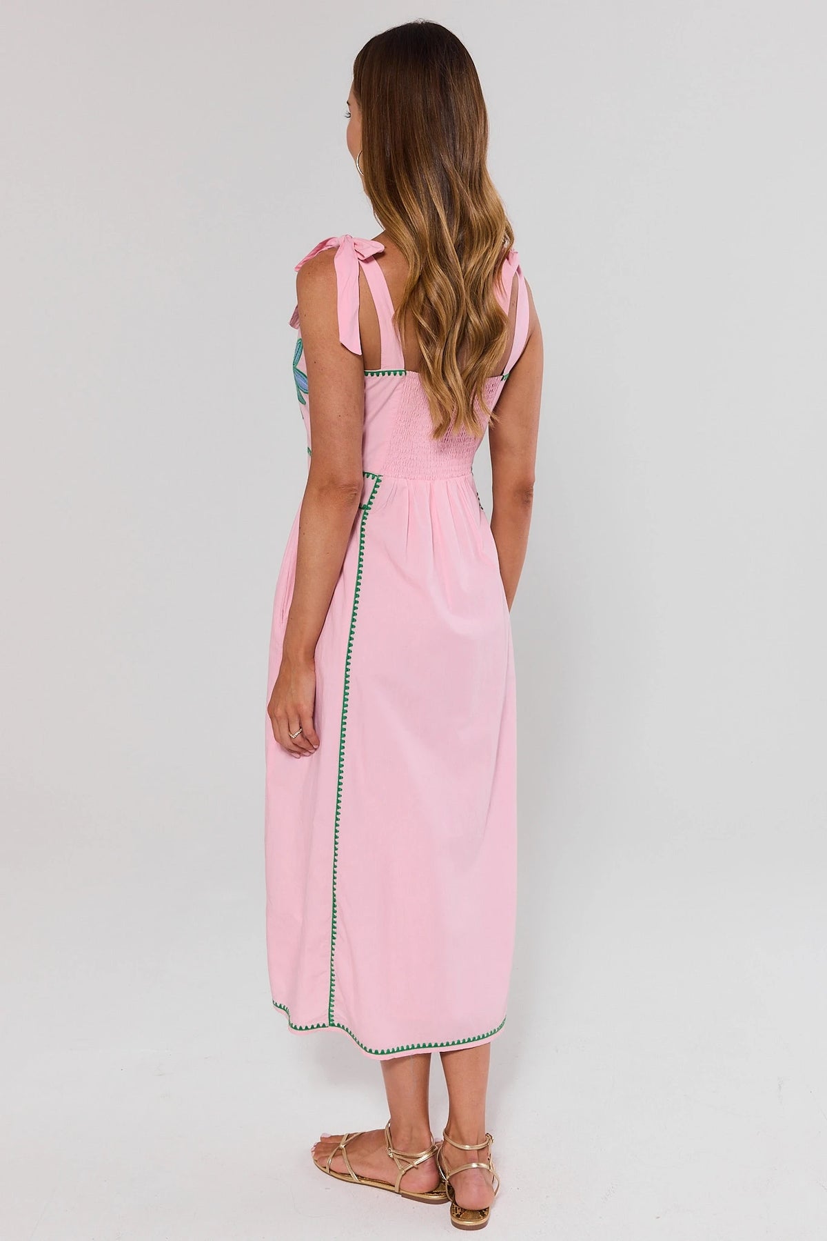 pink dress embroidered Pink Embroidered Midi Dress by THML