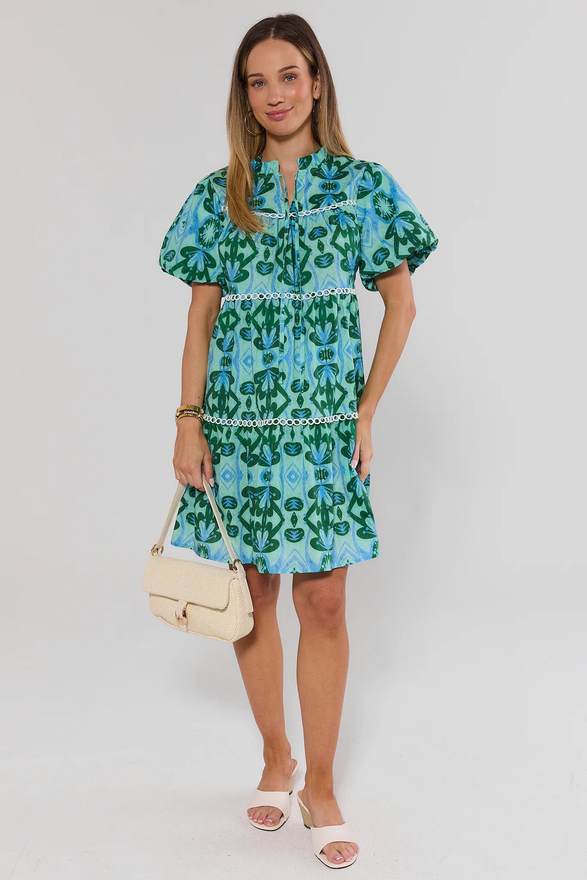blue green mini dress Women's Printed Short | Avara AI图 Color:White-10 Drawers The open back features White Sparkly Dress Short