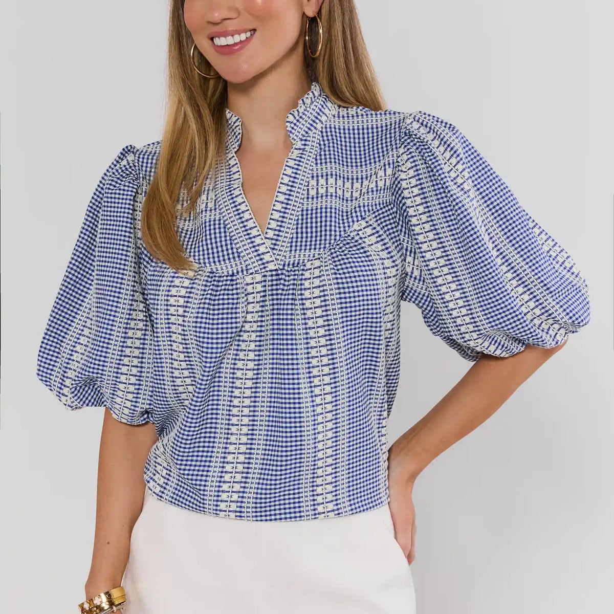 Women's Blue Embroidered Puff Sleeve Top | Avara | Avara