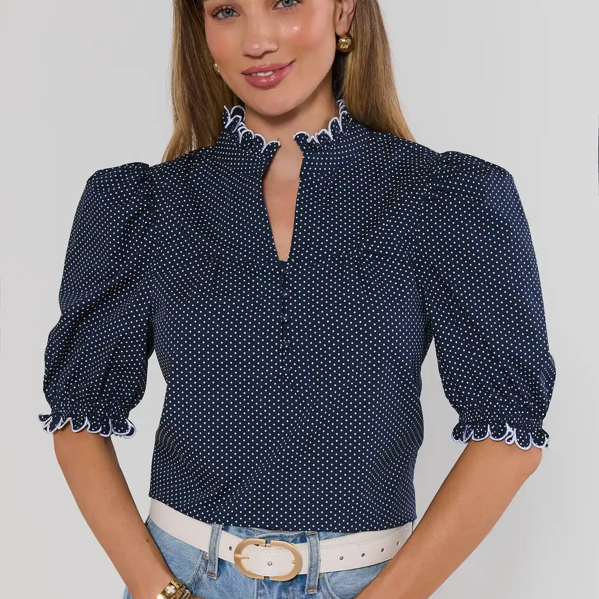 Hailey Navy Polka Dot Puff Sleeve Top | Avara