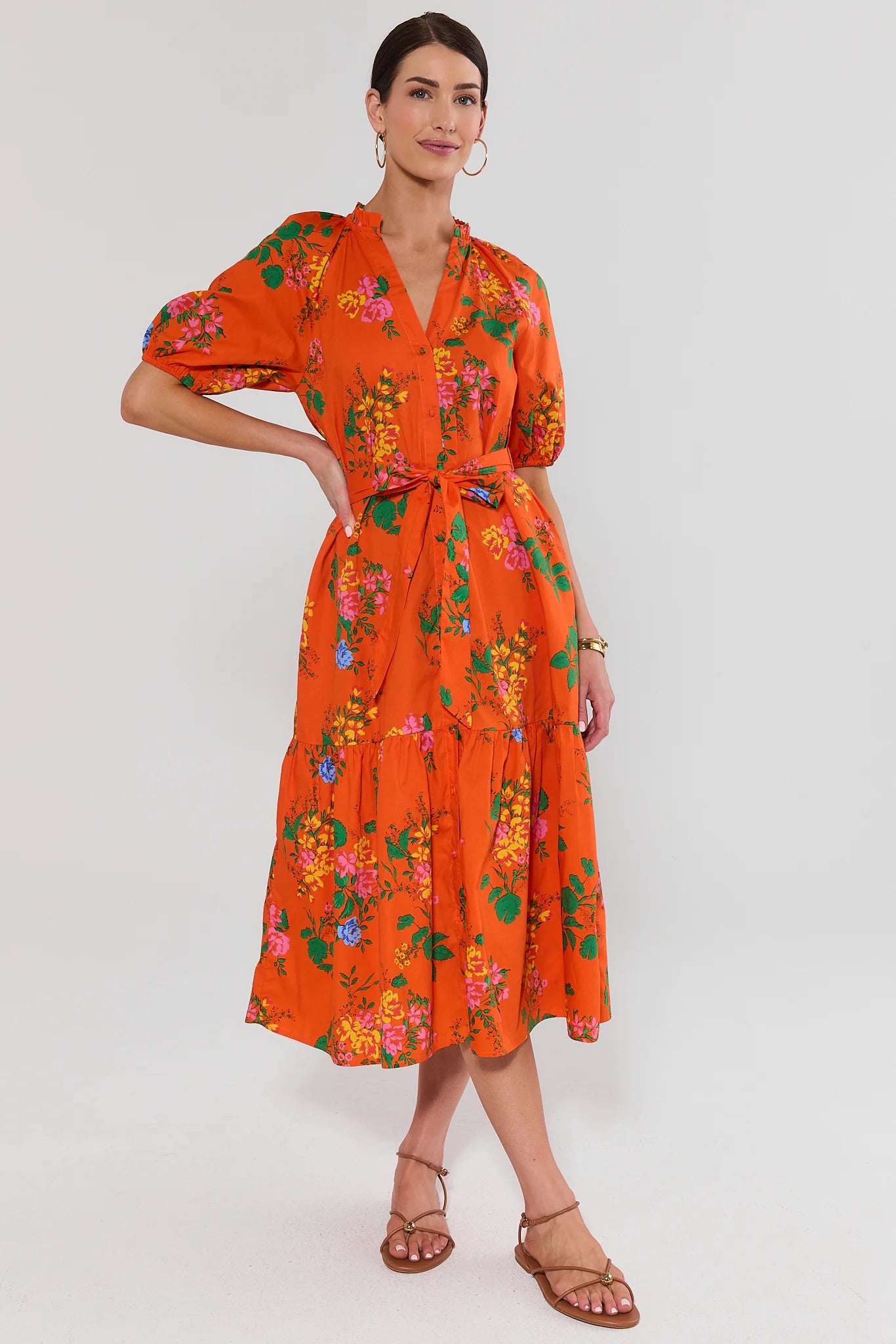 orange dress women Anita Orange Floral Print Midi Dress | Women's Clothing